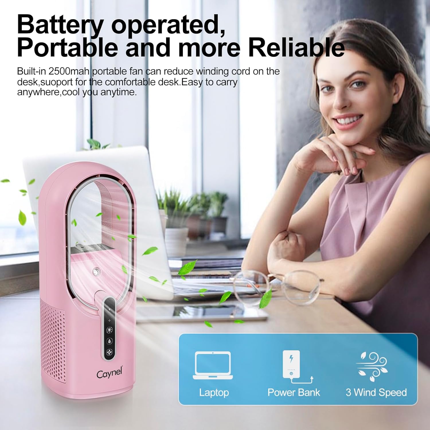 CAYNEL Desktop Fan, 11.8 Inch Portable Bladeless Desktop Personal Fan with 7 Colors Ambient Light, 3 Fan Speeds, Humidifier Electric Fan for Home, Office and Bedroom (Pink)