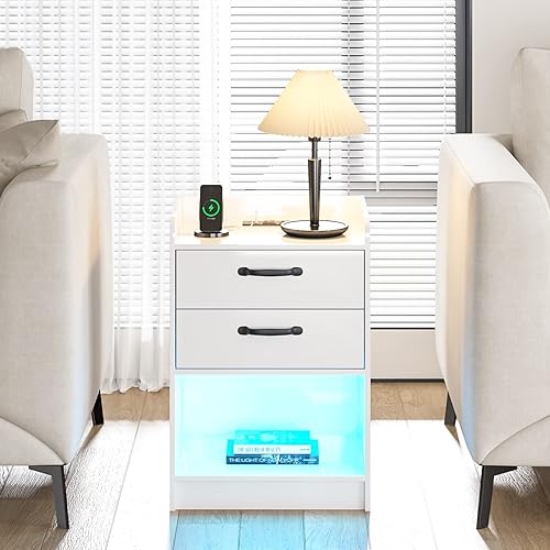 Miniatura 7 de 4 EVER WINNER Juego de 2 mesitas de noche con luz LED con estación de carga mesa auxiliar con 2 cajones para dormitorio mesita de noche con tomas de