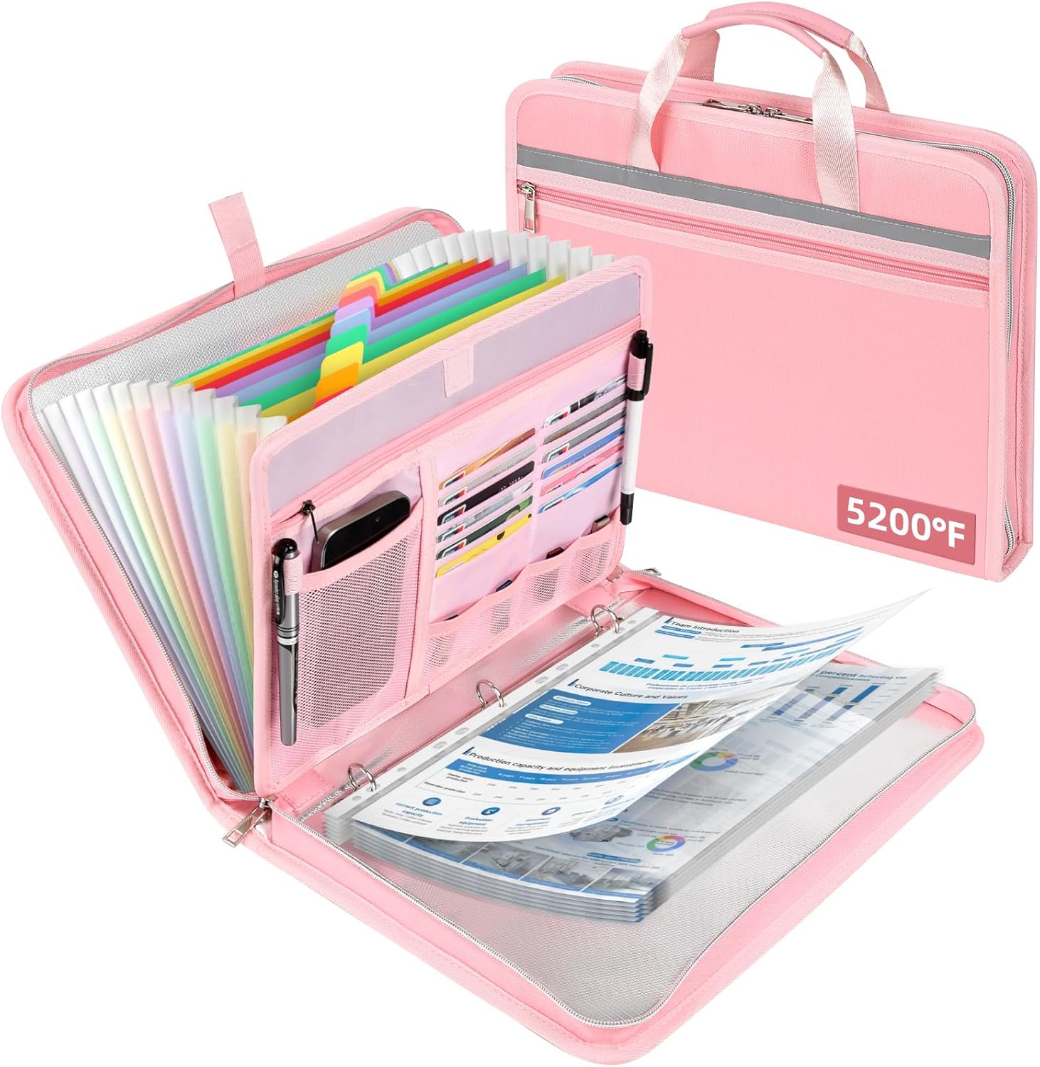 5200℉ Fireproof Document Organizer with 13 Accordion Expanding File Folder, Aluminum Foil Zipper Binder with 30 A4/Letter Sheet Protector, Binder for School Office Home Storage (Pink)