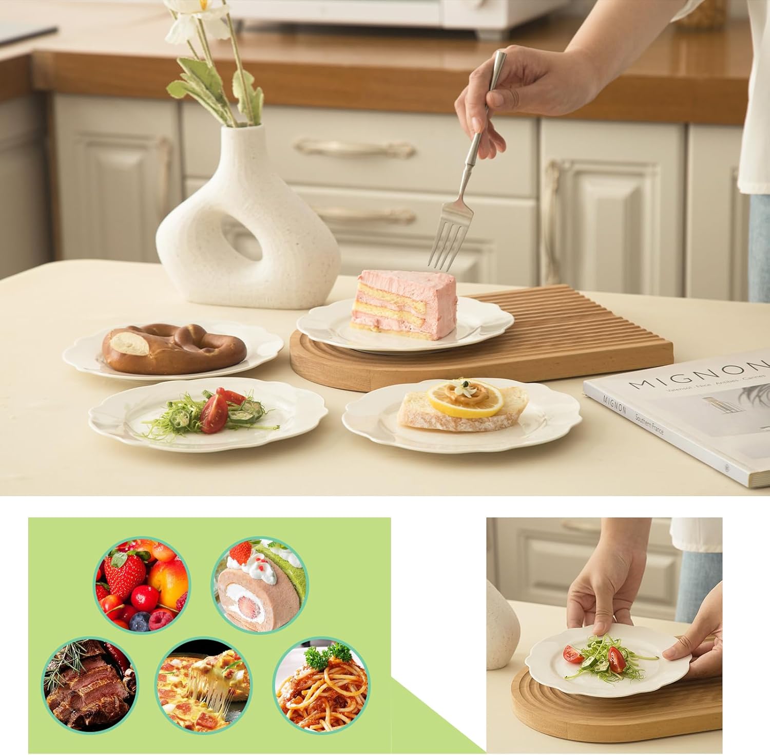 TAMAYKIM 7.5 Inch Porcelain Dessert Plates, Set of 12 - White Lotus Shape with Wavy Rim - Stackable Salad, Bread, Appetizer Serving Dishes, Scratch Resistant, Microwave Oven & Dishwasher Safe