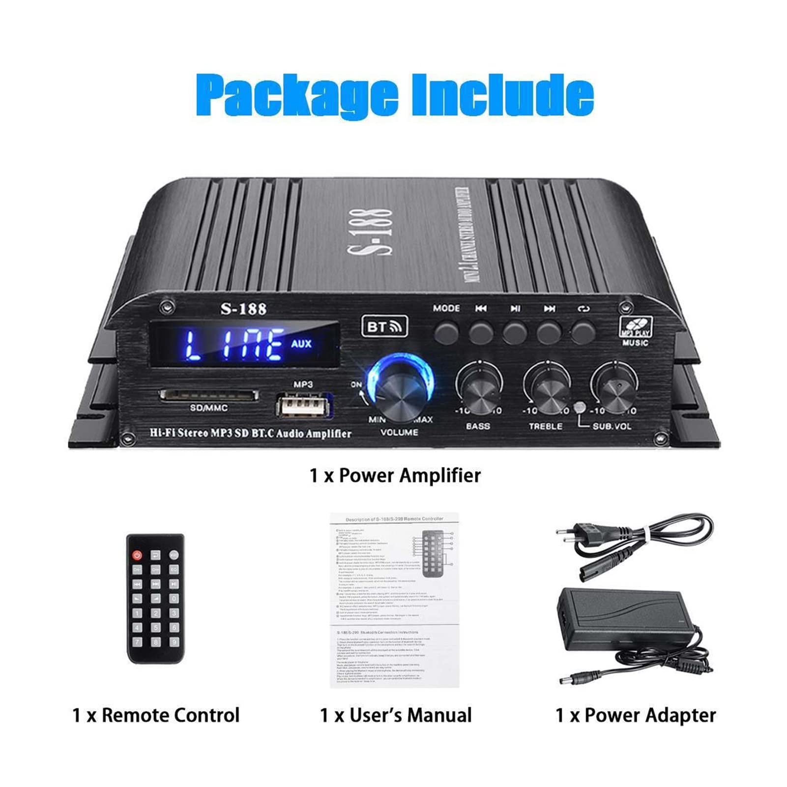 Amazon | カー アンプ パワーアンプ S188 1000W 2.1チャネルHIFIパワー