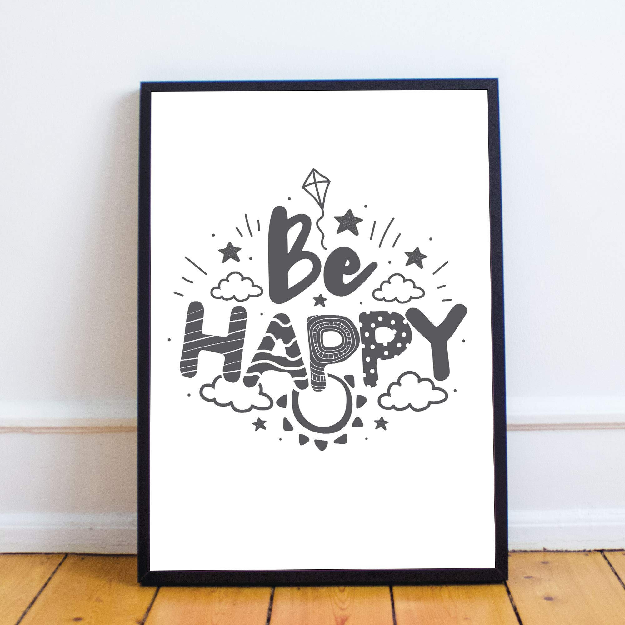 RED OCEAN Cute Boys Bedroom Print Boys Bedroom Wall Art Decor Grey Nursery Print Baby Gift Keepsake (A4 Print with Black Frame - Be Happy White Grey)