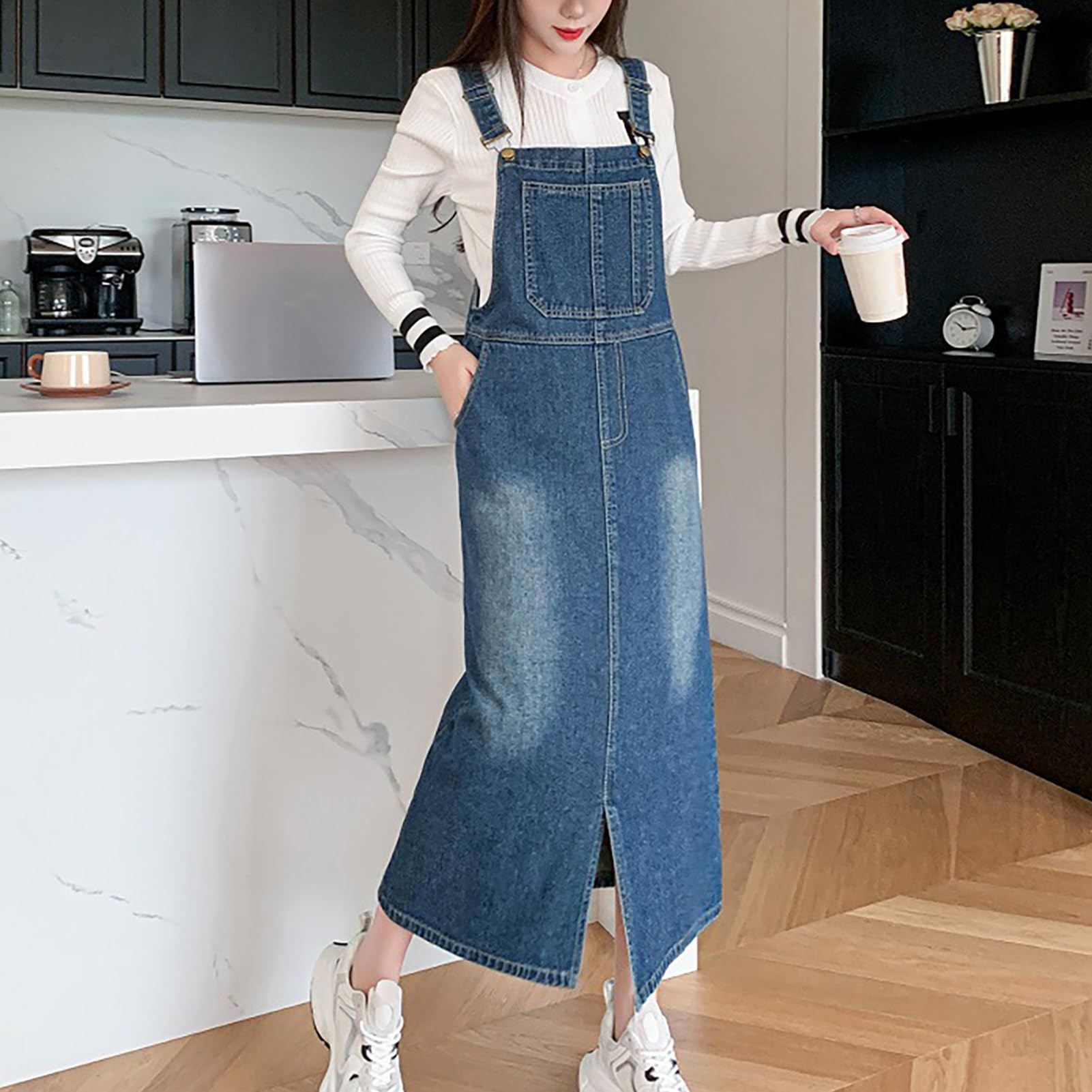 Vestito Salopette di Jeans Donna Mid Lunga Senza Maniche Denim Vestiti Overall con Tasche