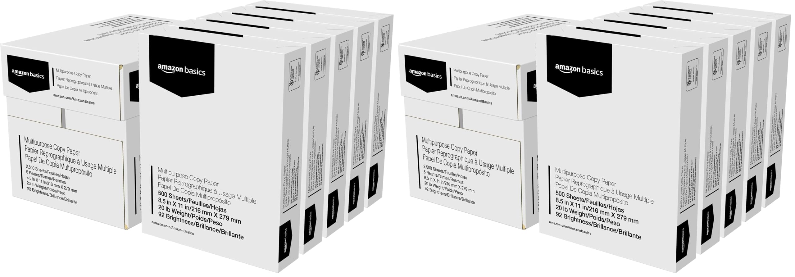 Amazon Basics Multipurpose Copy Printer Paper, 8.5" x 11", 20 lb, 5 Reams, 2500 Sheets, 92 Bright, White (Pack of 2)