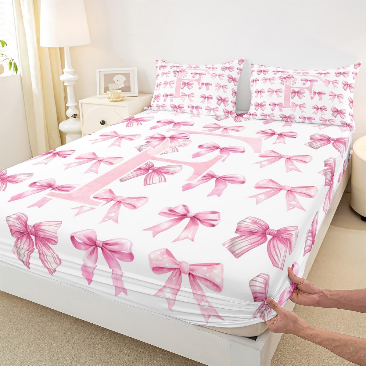 Erosebridal 3D Initial Letter F Bed Sheets Full Size Coquette Pink Bow Fitted Sheet for Mom/Daughter/Sister Aesthetic Bowknot Cute Preppy Bed Set Dreamy Fantasy Monogram Sheets with Deep Pocket(F)