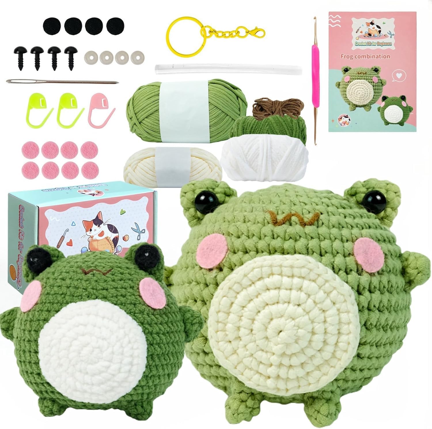 Swoolfe Women's Yellow Crochet Kit For Beginners, Knitting Kit Step-By-Step Video Tutorials, Crochet Animal Kit, Crochet Kits For Beginners Adults Kids Men Beginners Crochet Kit (Frog)