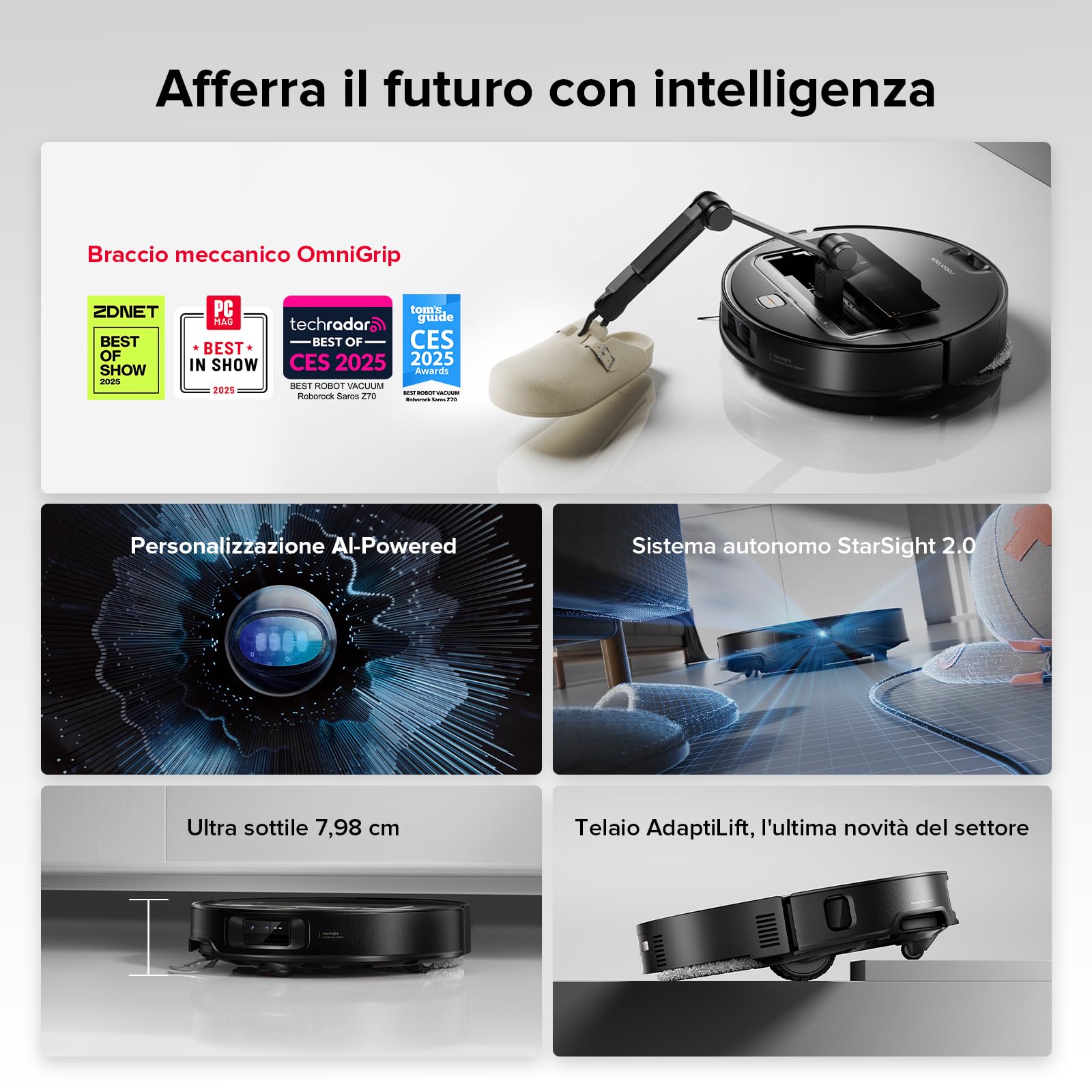 roborock Saros Z70 Robot Aspirapolvere con Braccio Meccanico OmniGrip, 7,98 cm Ultrasottile, 22.000 Pa, Tecnologia FlexiArm Riser, Telaio AdaptiLift, Stazione Multifunzionale 4.0, Hello Rocky, Nero