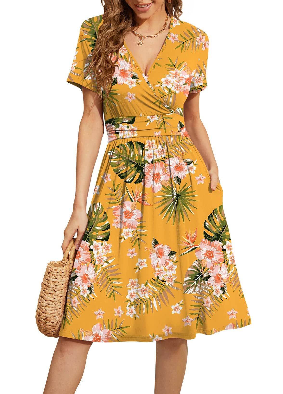 WEACZZY Women's Summer Short Sleeve Casual Dresses V-Neck Floral Party Dress with Pockets