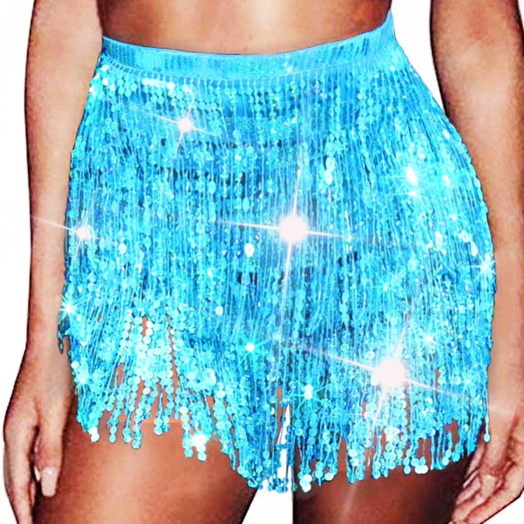 REETAN Sparkly Sequin Fringe Skirt Belly Dance Hip Scarf for Women