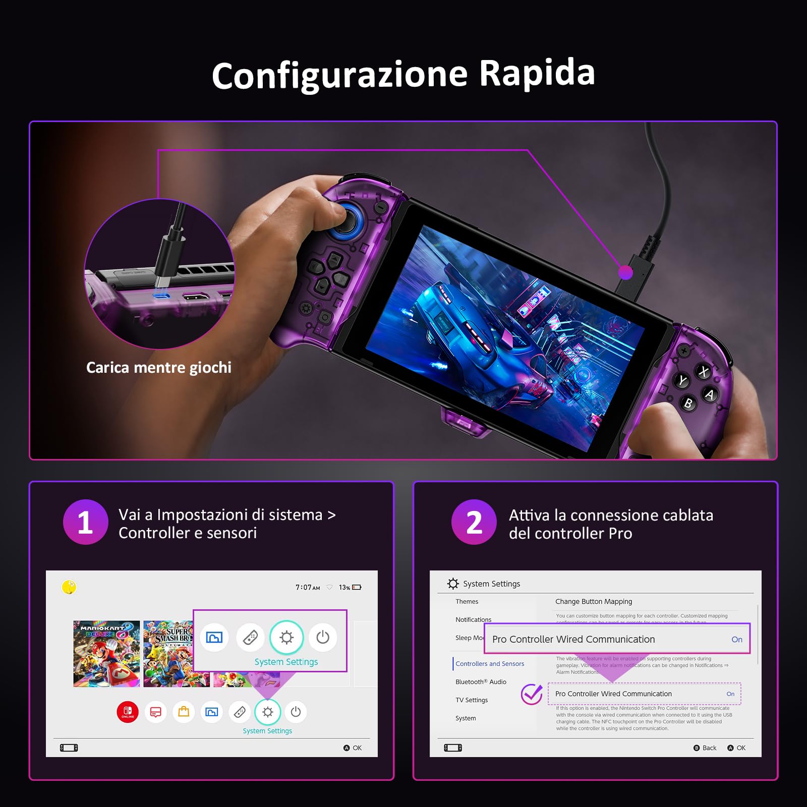 NexiGo Gripcon con Hall Effect, Supporto e Uscita HDMI per Dock TV, Joystick a Sensore Hall per Switch/Switch OLED, modalità Portatile, HDMI Supportato 4K/1080P e Porta USB 3.0, Viola