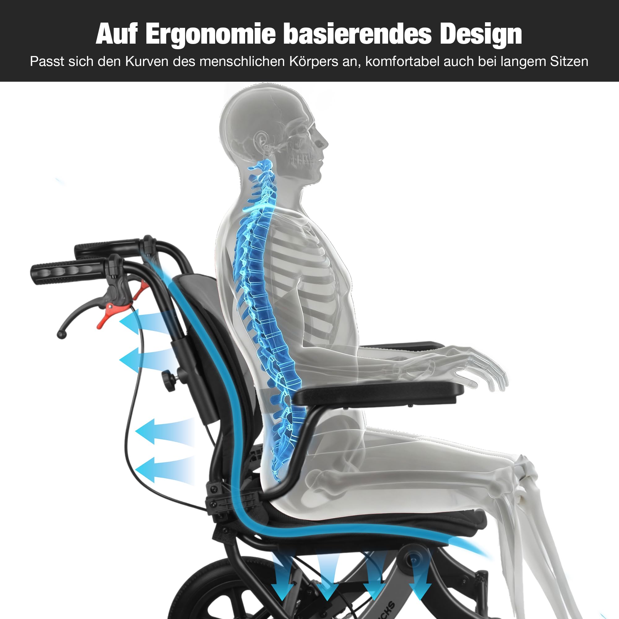 Rollstuhl Faltbar Leicht für Erwachsene und Senioren, Tragbarer Reisestuhl mit Abnehmbarem Polster und 12-Zoll-Rädern, Ergonomischer Rollstuhl, Höhenverstellbar, für Jedes Gelände Geeignet