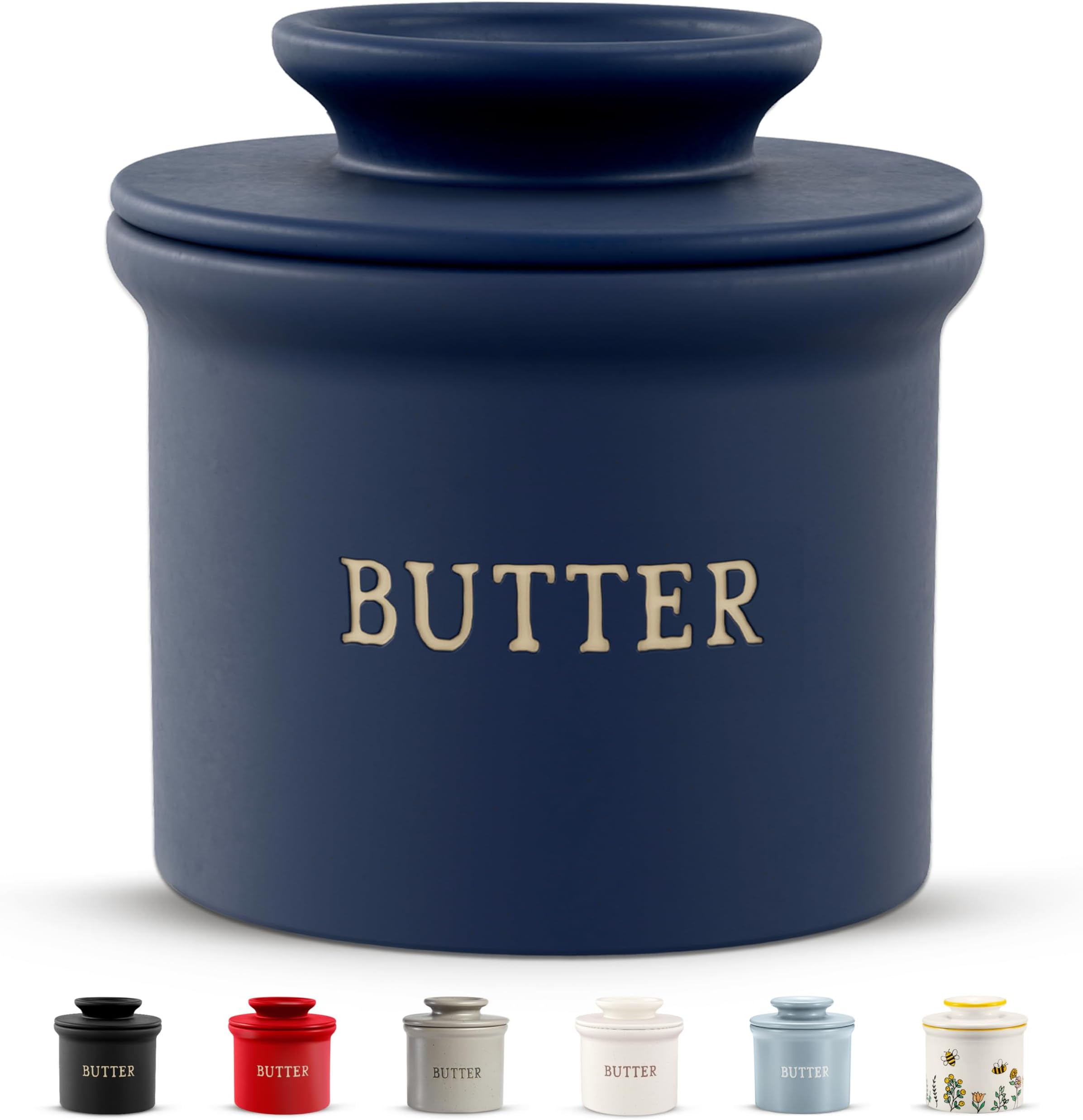 Butter Crock with Lid, Soft Spreadable Butter, Ceramic French Butter Keeper to Leave On Counter with Water Line, Butter Dish, Home and Kitchen Decor, Perfect for Christmas Gift (Navy)