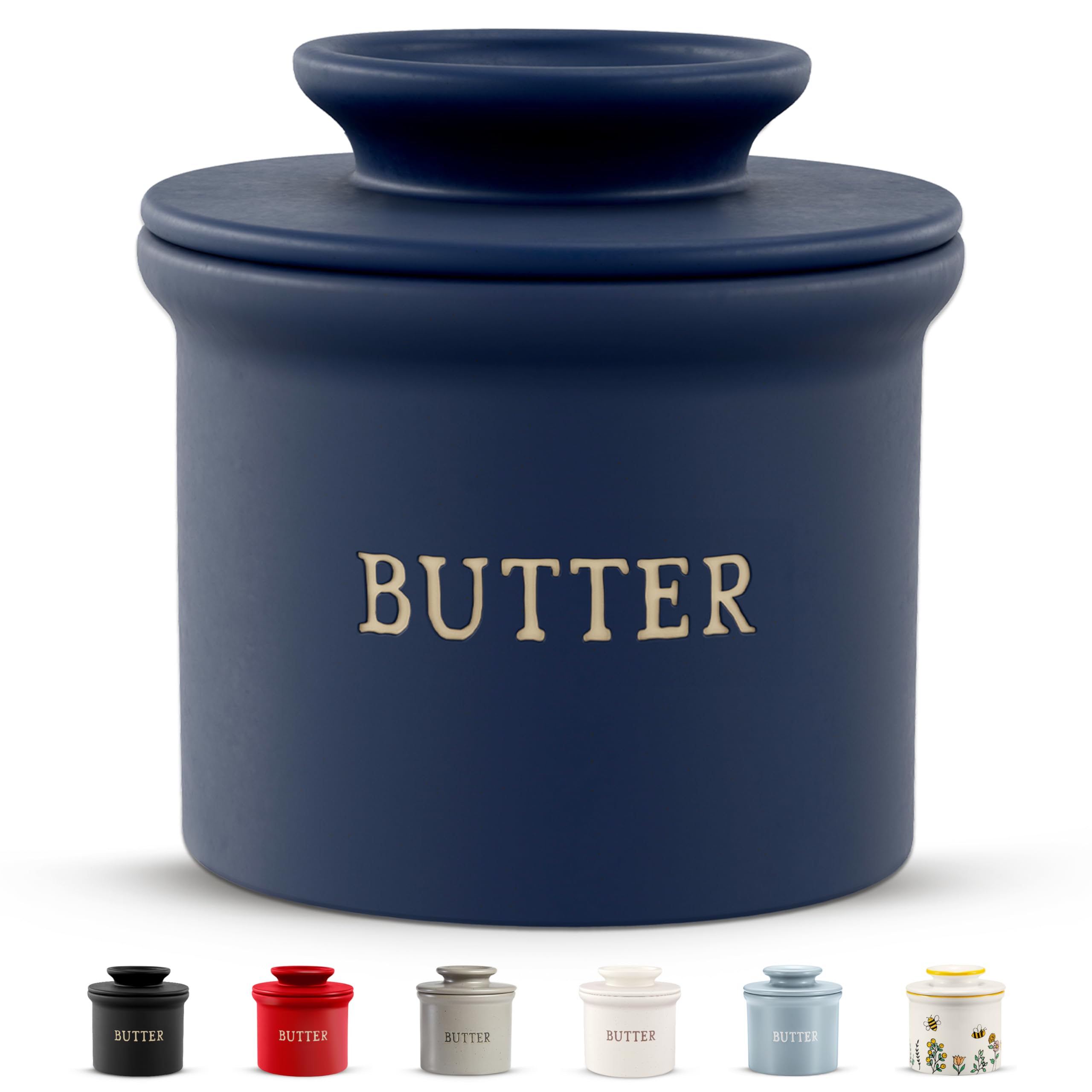 Kook Butter Crock with Lid, Soft Spreadable Butter, Ceramic French Butter Keeper to Leave On Counter with Water Line, Butter Dish, Home and Kitchen Decor, Perfect for Christmas Gift (Navy)
