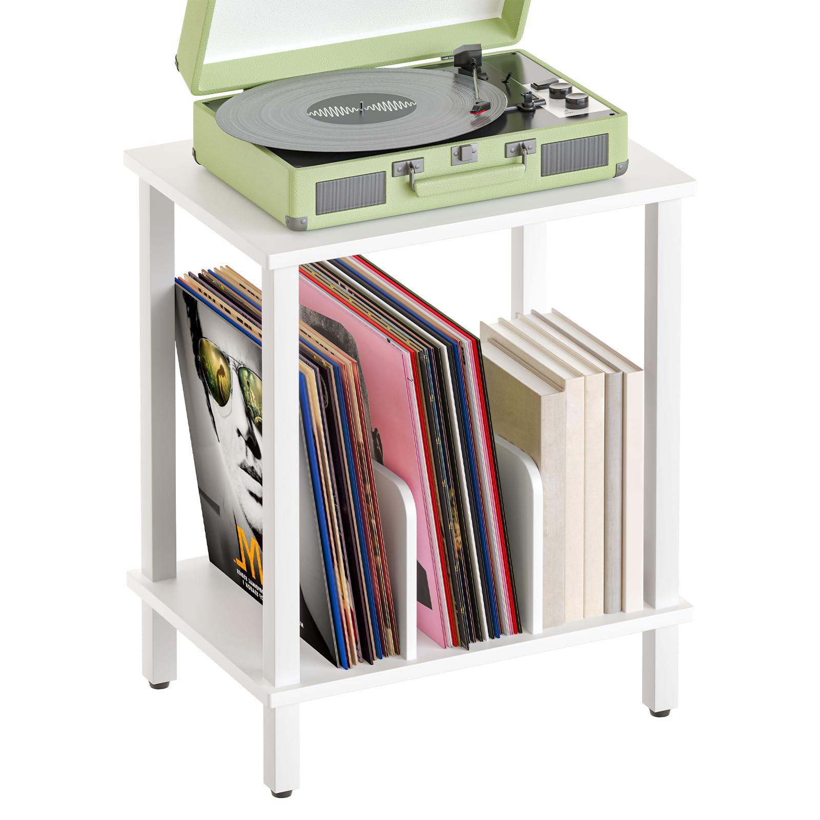 HOOBRO Plattenspieler Ständer, 2 Ebenen Schallplatten Regal, Beistelltisch, Plattenregal mit Trennwänden, Aufbewahrung von Schallplatten, bis zu 100 Alben, für Wohnzimmer, Weiß EWT05RS01