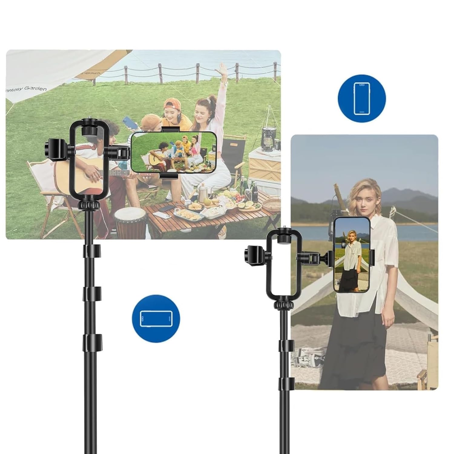 Tripode para Aro de Luz, Camara con 2 Soportes giratorios 360º para moviles, Altura Ajustable. para Panel de Iluminacion Fotografica.