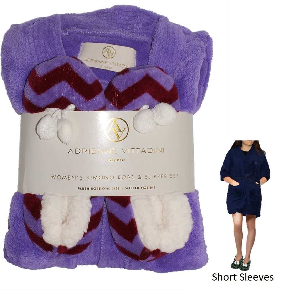 Adrienne Vittadini Sherpa-Lined Bathrobe and Slippers Gift Set for Women