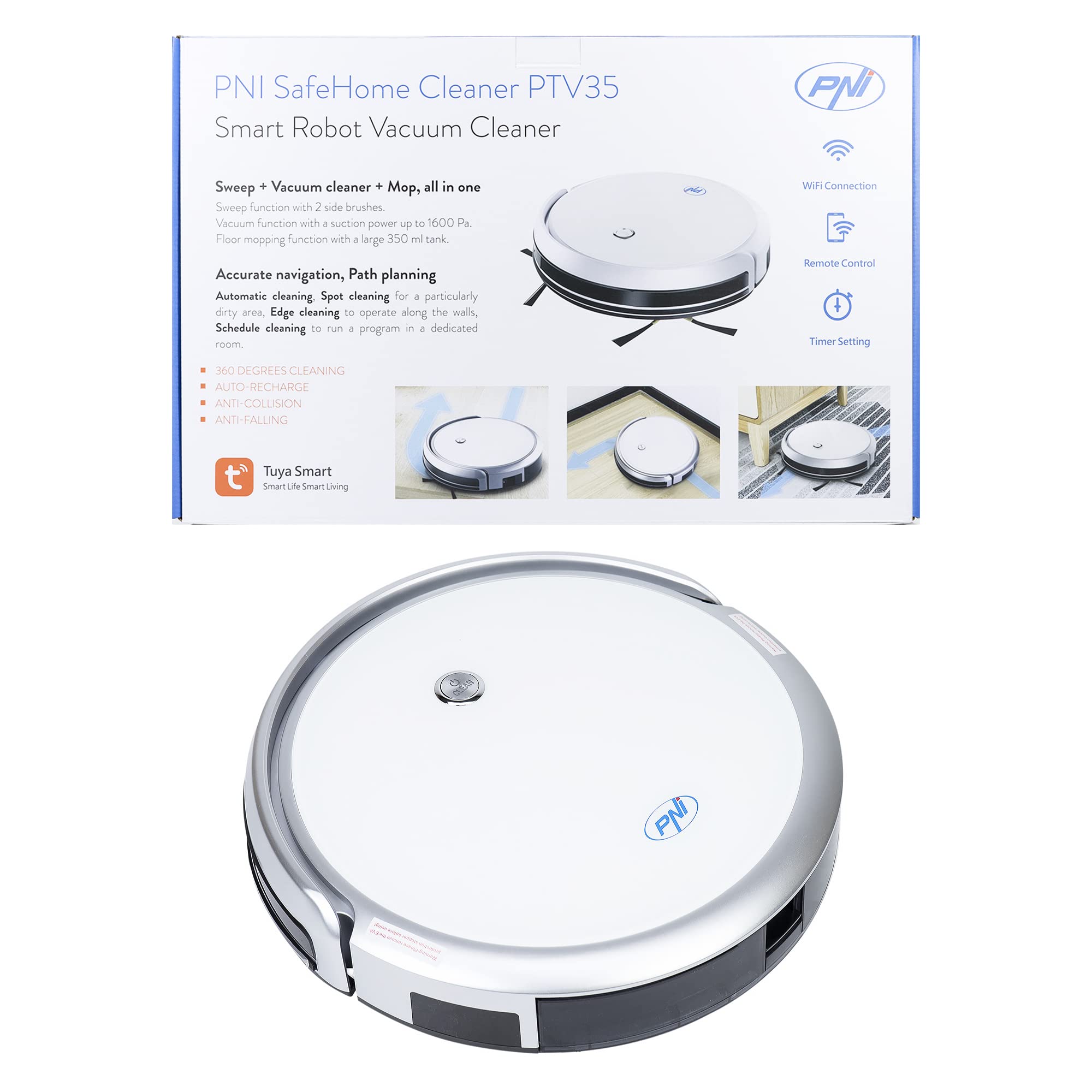 Robot odkurzacz inteligentny PNI SafeHome Cleaner PTV35 WiFi, 30 W, dedykowana aplikacja Tuya Smart, integracja w scenariuszach i inteligentna automatyka z innymi produktami kompatybilnymi z Tuya