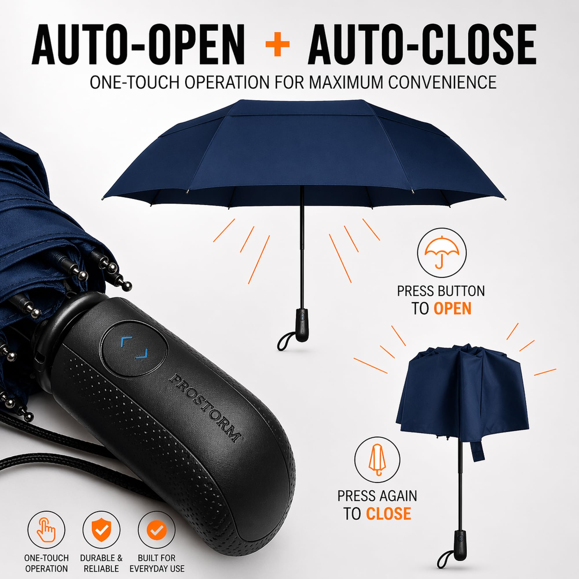 Prostorm Paraguas de viaje ventilado resistente al viento, apertura y cierre automáticos, fuerte, resistente al viento, Pro Storm, pequeño, compacto, mini, plegable y portátil, mochila, coche, bolso, | Cubierta de cúpula profunda, ligera, apertura y cierr