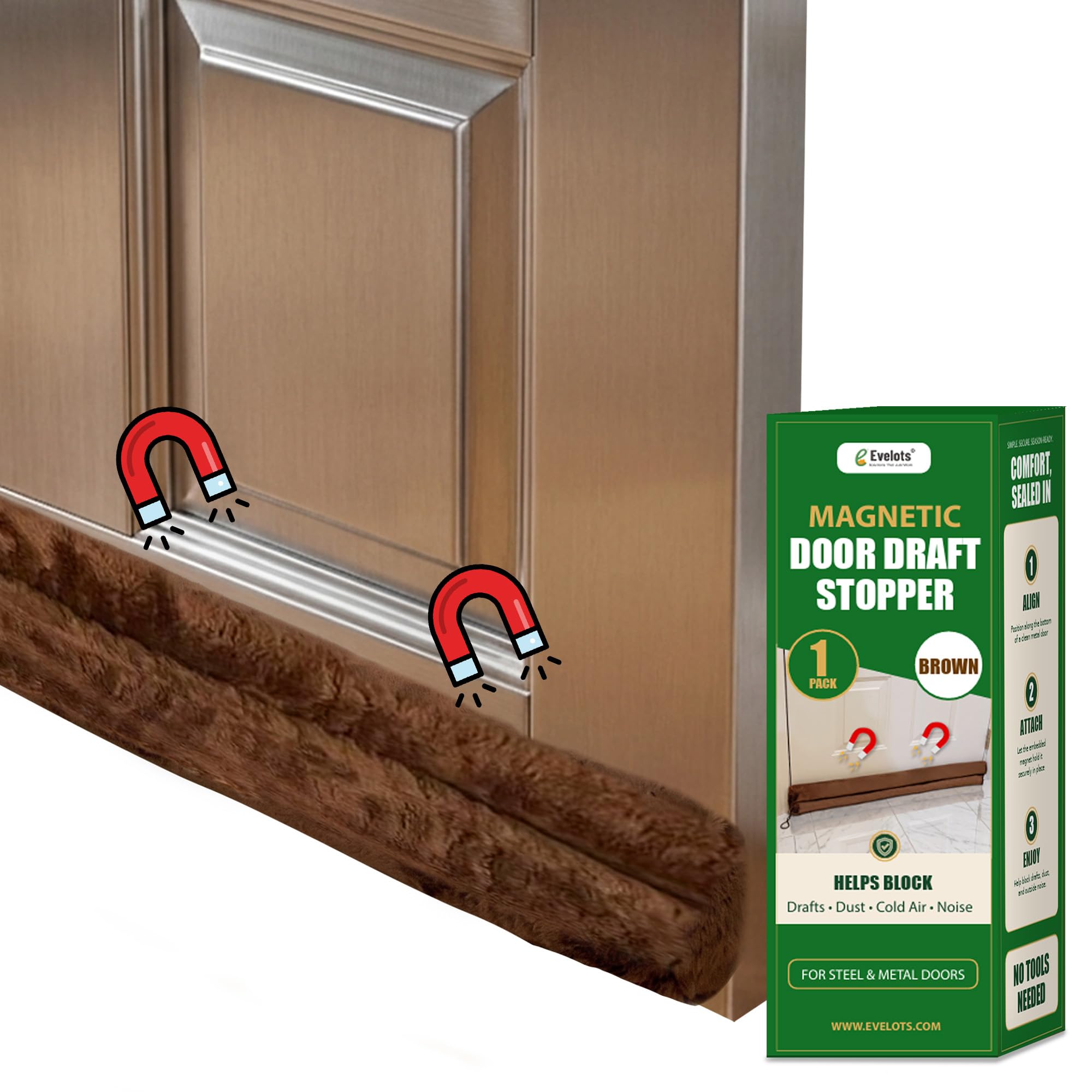 Magnetic Metal Door Draft Stopper, Brown, 2 Pack