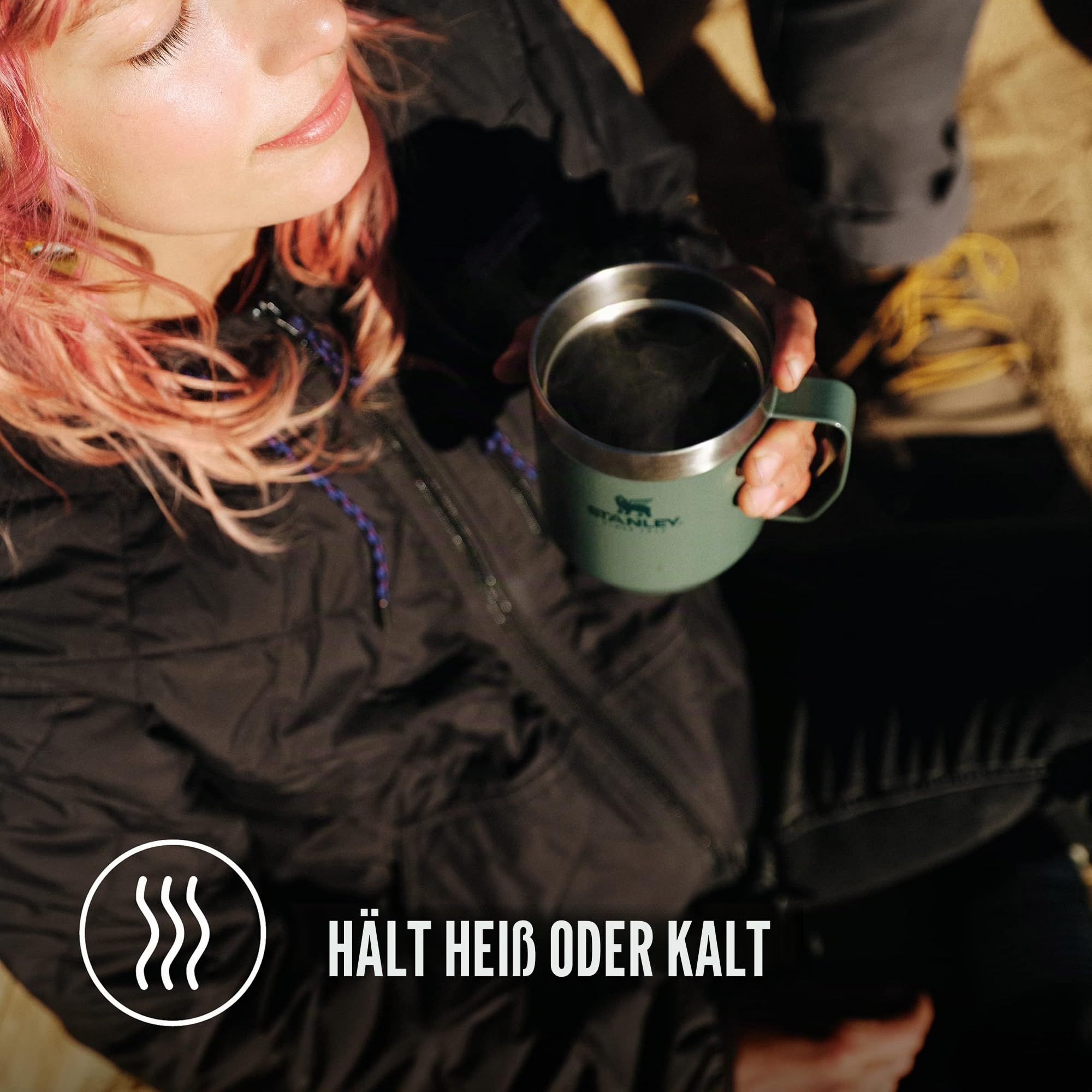 STANLEY 1913 Camp Mug mit Perfect Brew Set 0.35L - Hammertone Green | Hält 4 Std. heiß - 5 Std. kalt - Spülmaschinenfest - Tragegriff - Edelstahl