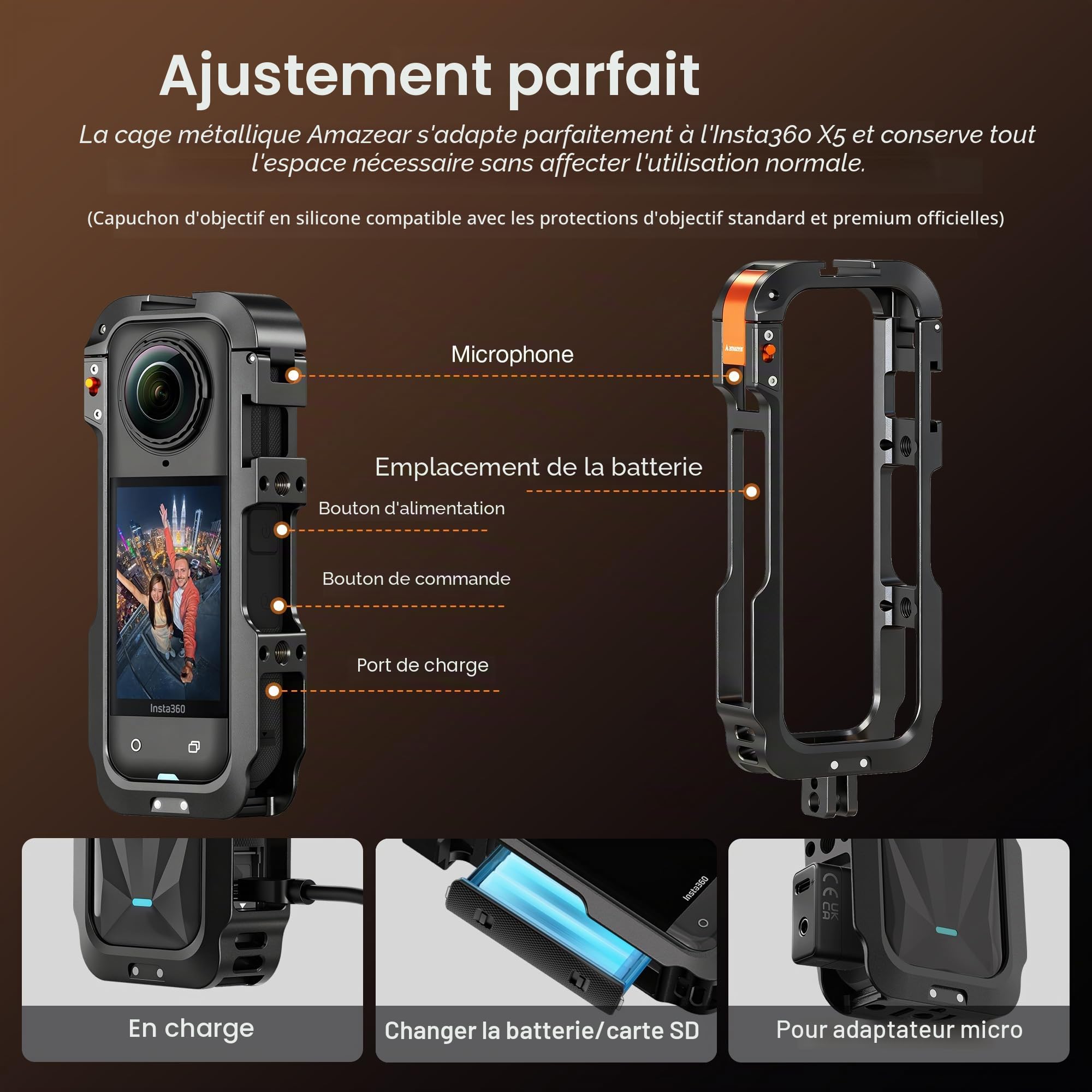 Amazear Étui de Protection métal Insta360 X5, Cadre Utilitaire, Construction Solide, Cage Aluminium Verrouillage Rapide,Gris Acier Métallisé