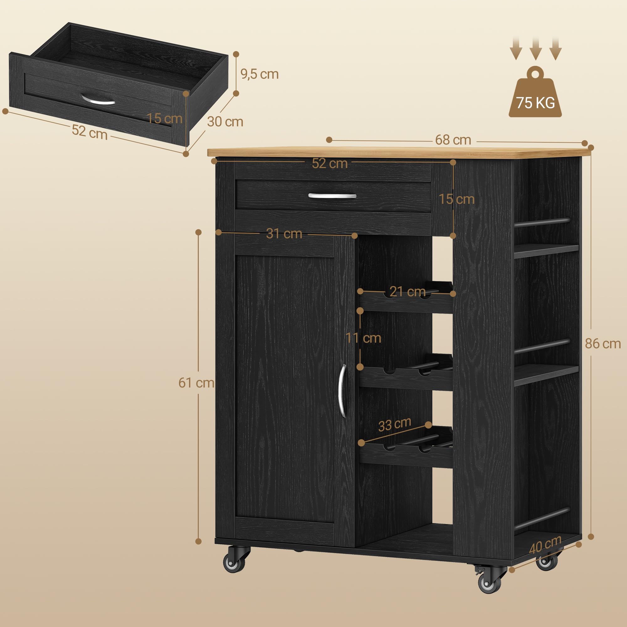 Hzuaneri Servierwagen, Küchenwagen mit Rädern, Weinregal, Kücheninsel, Kochinsel, Küchenregal stehend Möbel, Rollwagen, für Küche, Wohnzimmer und Esszimmer, 68 × 86 × 40 cm, Schwarz ST03004B