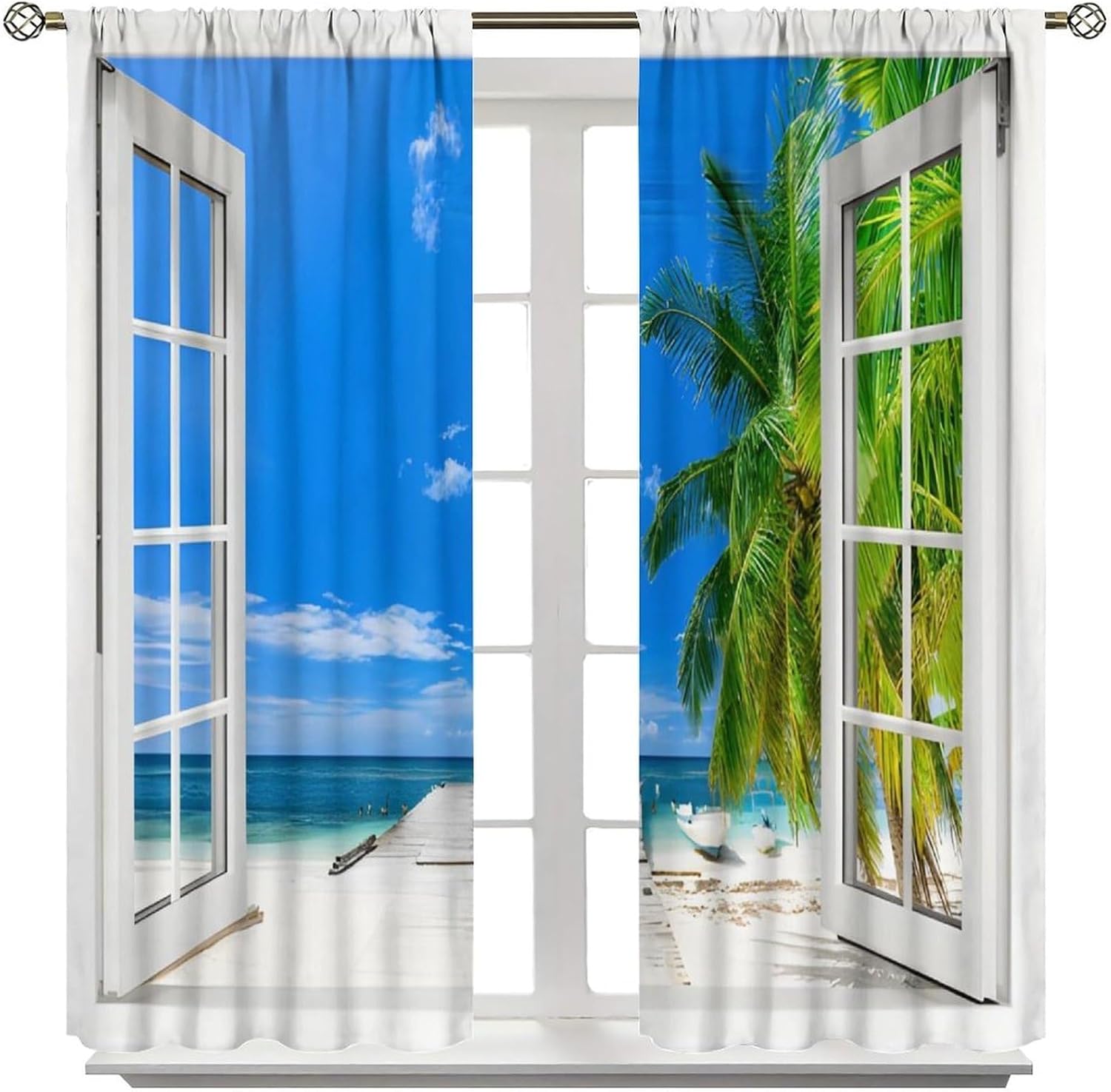Ocean Beach Curtains, Wood Window Landscape Tropical Island Palm Trees Beautiful View Print Window Treatment for Kitchen Living Room Bedroom Office Drapes, 42x45 Inch