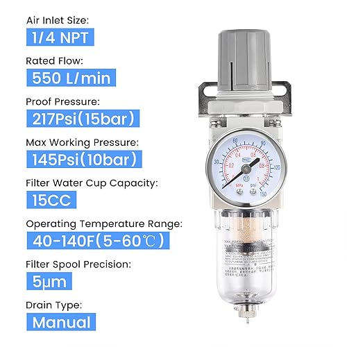 Miniatura 3 de Regulador de presión del filtro de aire de 14 pulgadas NPT, regulador de presión de aire comprimido del separador de agua para el compresor AW2000-02