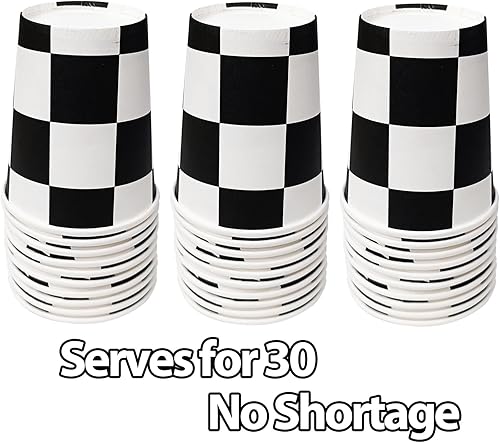 Miniatura 2 de 30 tazas de papel a cuadros para fiestas de coches de carreras en blanco y negro, para fiestas de cumpleaños temáticas de carreras