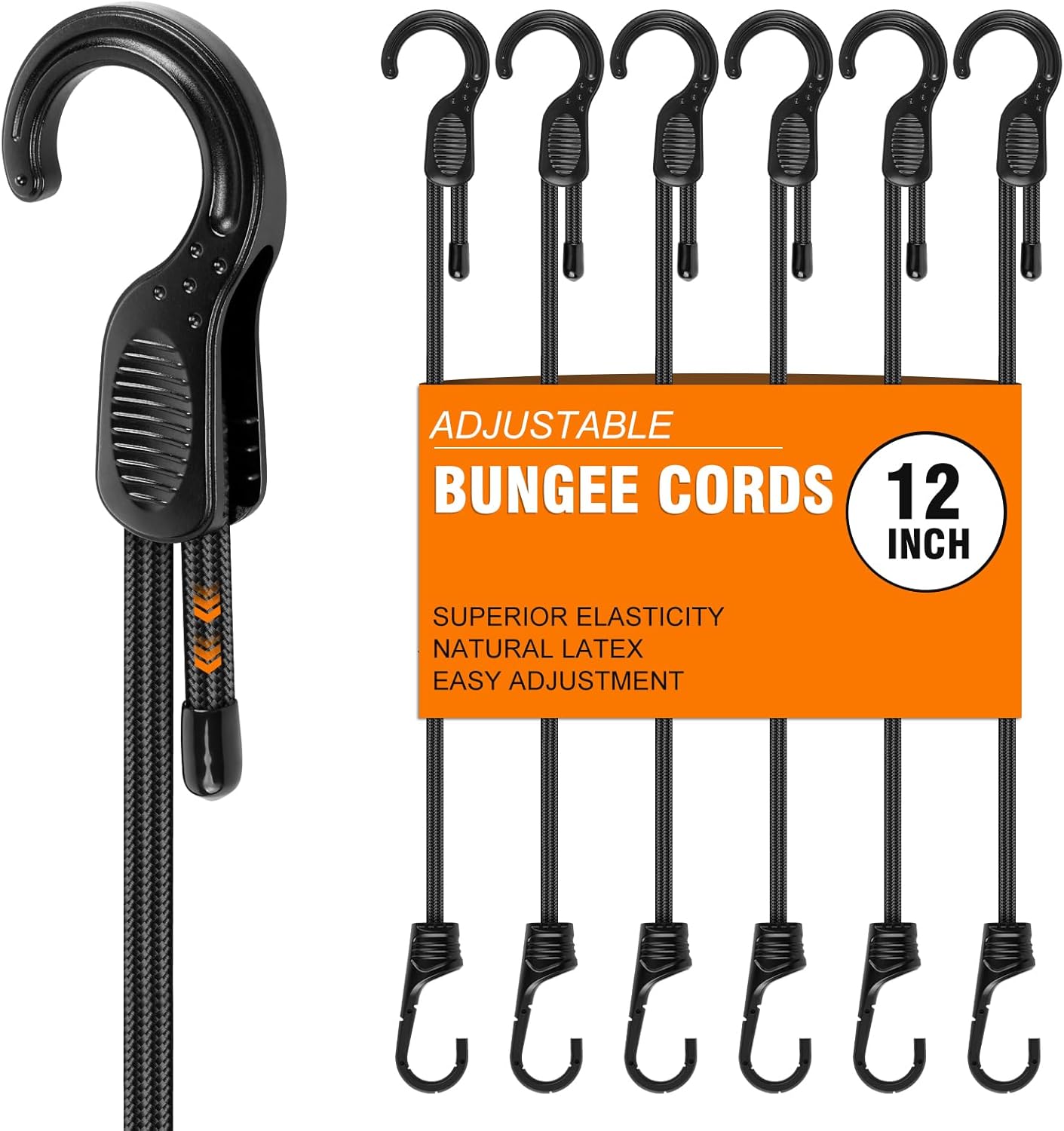 Adjustable Bungee Cords with Hooks 24 Inch, 6 PCS Elastic Bungee Straps Easily Adjust from 7" to 24", Bungee Cords Heavy Duty Outdoor for Securing Tarps,Tents, Luggage, Cargo,Truck, Bikes