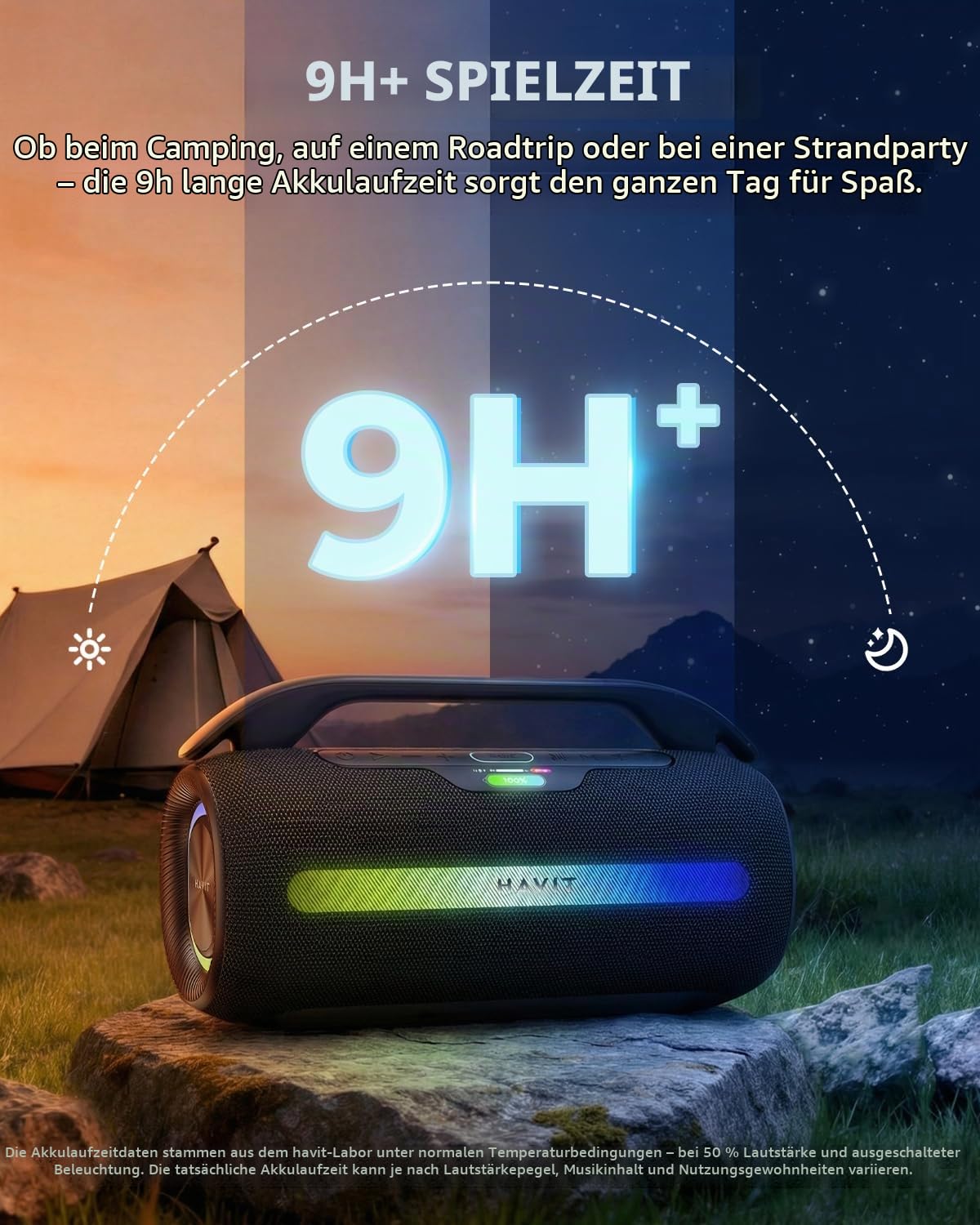 havit 120W MAX Outdoor Lautsprecher, IPX6 Wasserdichter Tragbarer Bluetooth Lautsprecher mit 2.2 K, 16H+ Spielzeit, RGB-Lichter, USB-C, Powerbank, Custom EQ, AUX/DSP für Camping, Strand, Garten