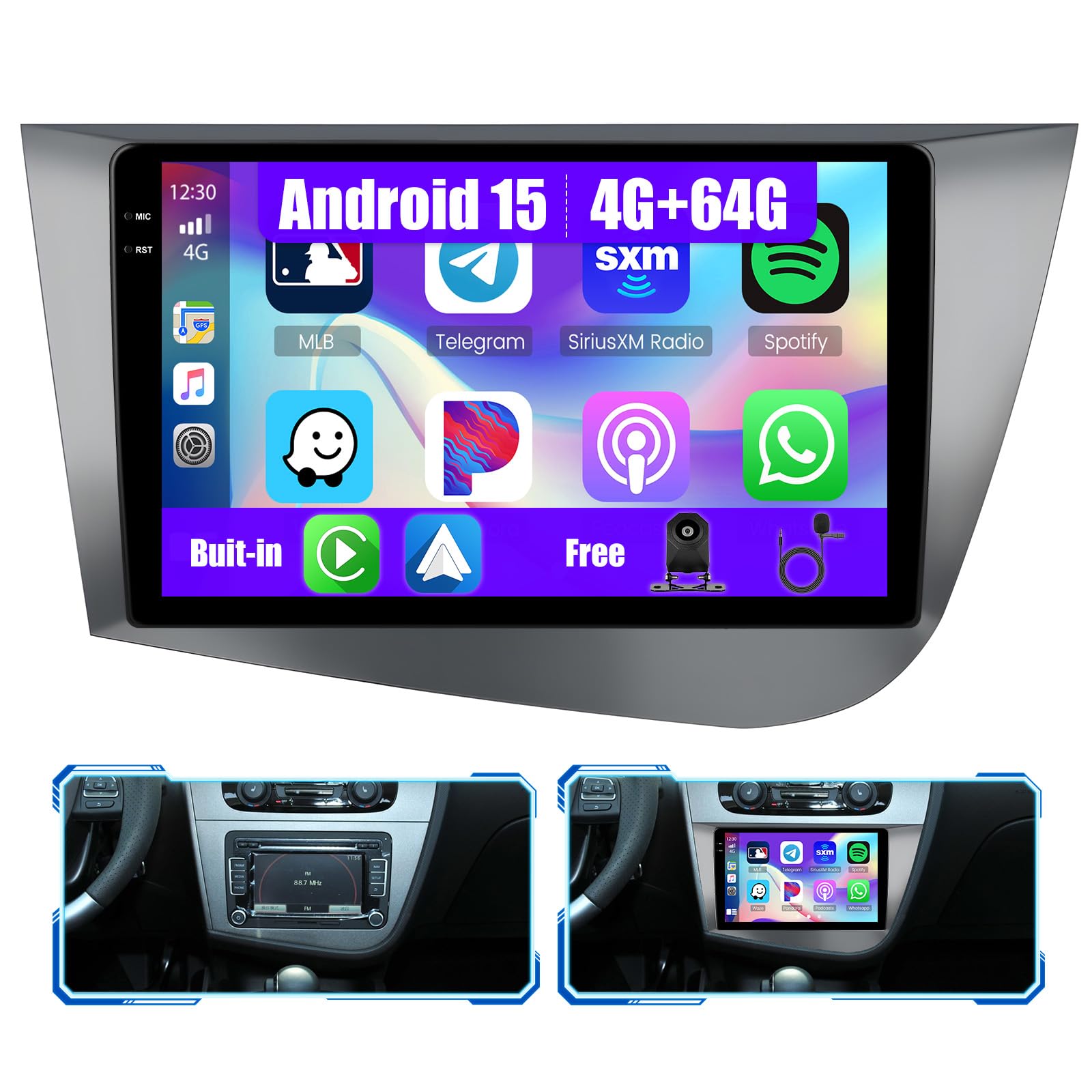 Inefala 4+64G Android 15 Radio Coche para Seat Leon MK2 2005-2012, 9 Pulgadas Incell Pantalla con CarPlay y Android Auto, Radio Coche 2 DIN con GPS WiFi Bluetooth 5.0 RDS/FM EQ SWC Cámara Trasera Mic