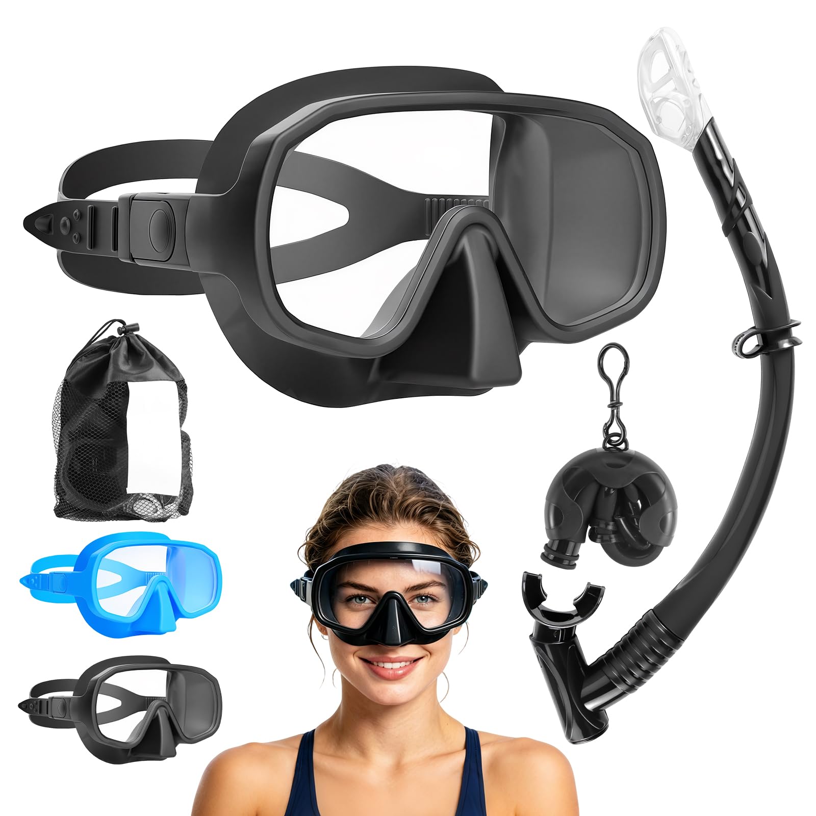Set Snorkeling Per Adulti,Maschera Senza Cornice Con Vista Panoramica,Lente In Vetro Temperato Antiappannante,Boccaglio Asciutto Pieghevole, Attrezzatura Da Viaggio Portatile Con Borsa