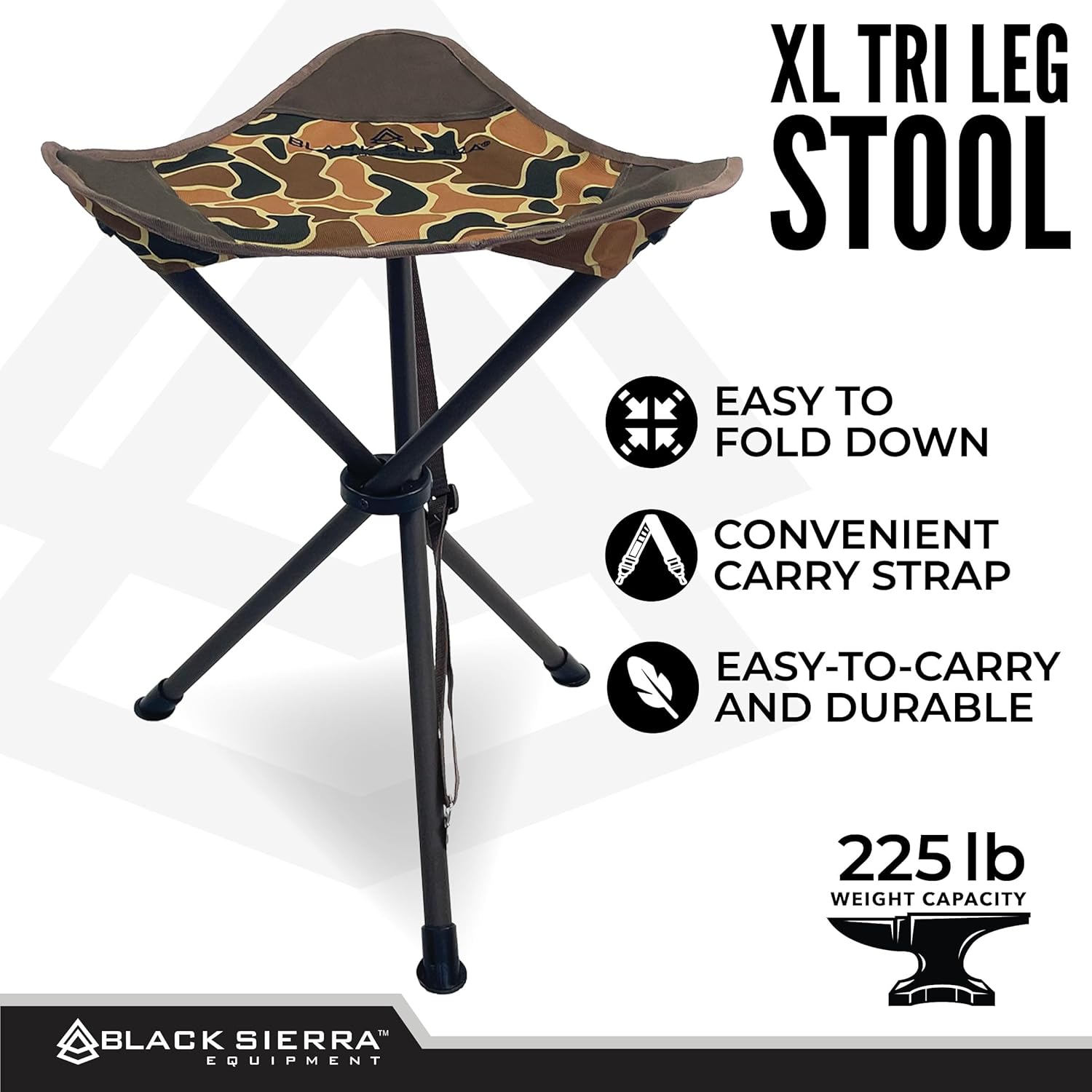 Black Sierra Folding Hunting Stool w/Shoulder Strap Supports 225 lbs, Lightweight Collapsible Tripod Seat, Foldable Steel Frame Chair Perfect for Hunting