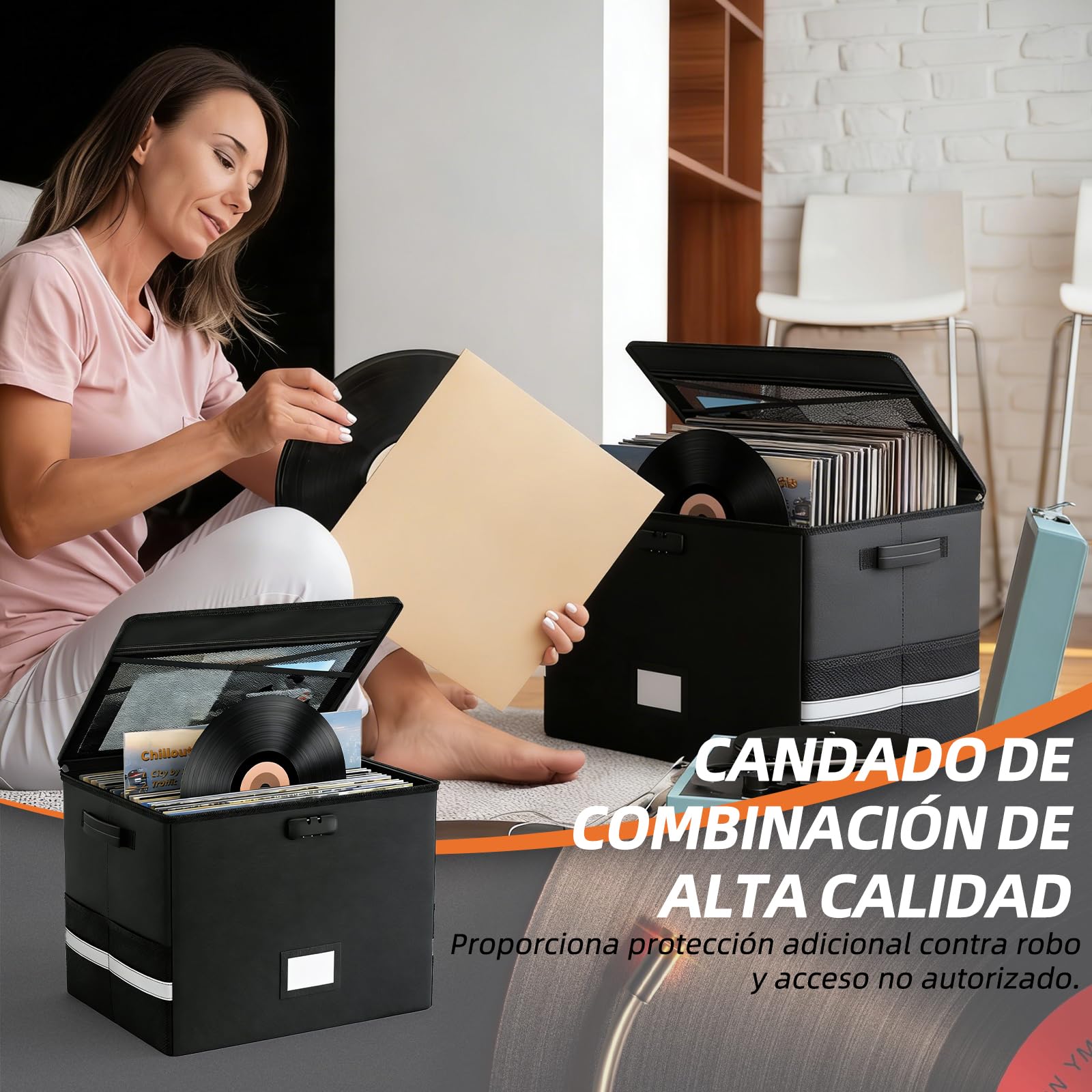 Caja de almacenamiento ignífuga para discos de vinilo con cerradura, gran capacidad, plegable e incluye etiqueta de nombre. Perfecto para coleccionistas de álbumes raros. Caja de música para el