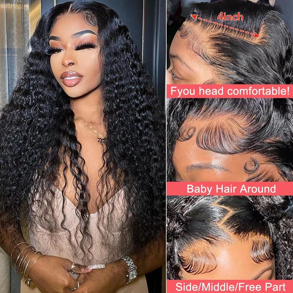 Deep Wave Lace Front Wigs Human Hair 150% Density 13x4 HD Curly Lace Frontal Glueless Wigs for Women Pre Plucked Deep Wave Natural Color (24 Inch) - Image 2