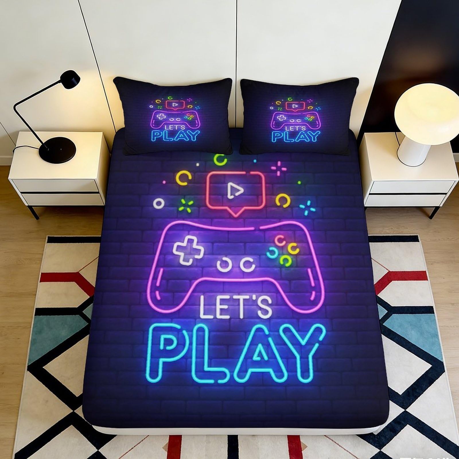 3D Printed Neon Gamepad Fitted Sheet Microfiber Soft Anti-Slip Gamer Decor Mattress Cover for Bedroom Dorm 90x200x25cm
