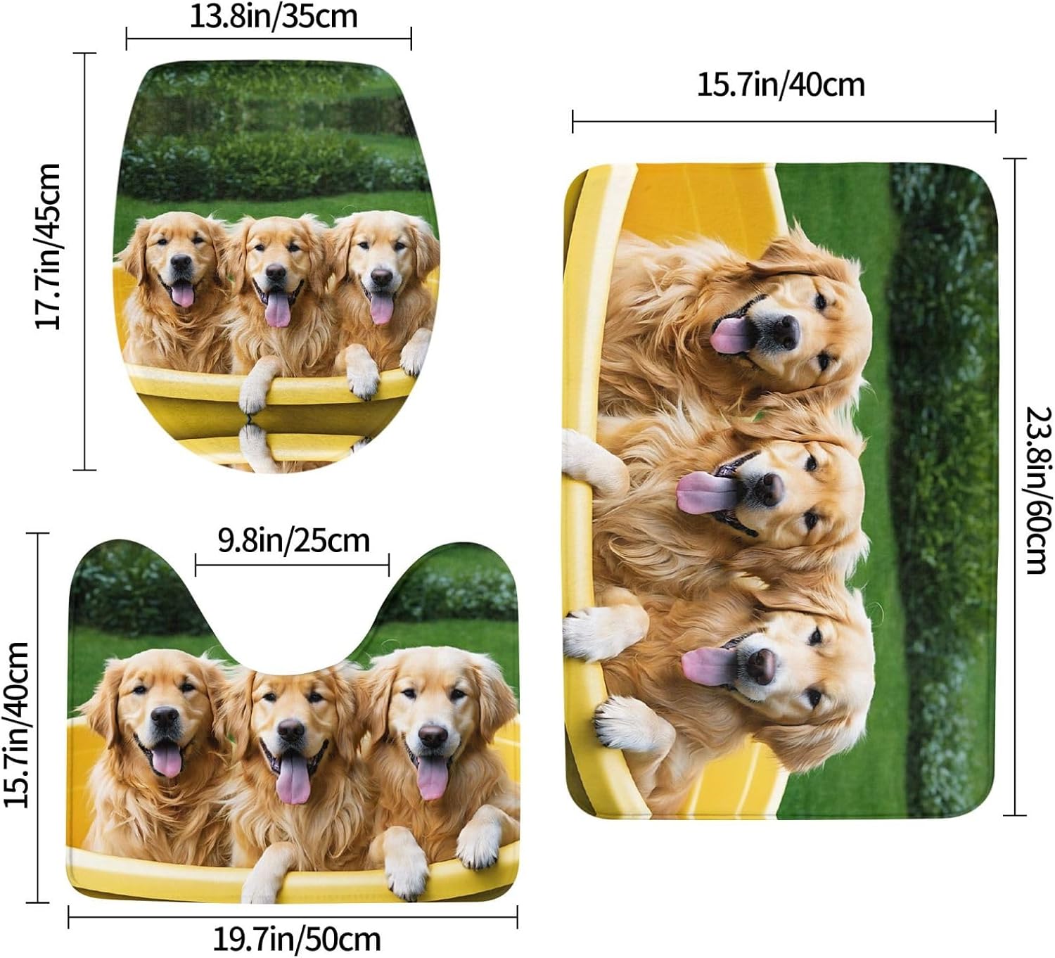 Golden Retriever Dogs Puppies Pets Print 3 Piece Bathroom Rugs Set, Soft Absorbent Flannel Mats with Non-Slip Backing for Bath Tub Floor