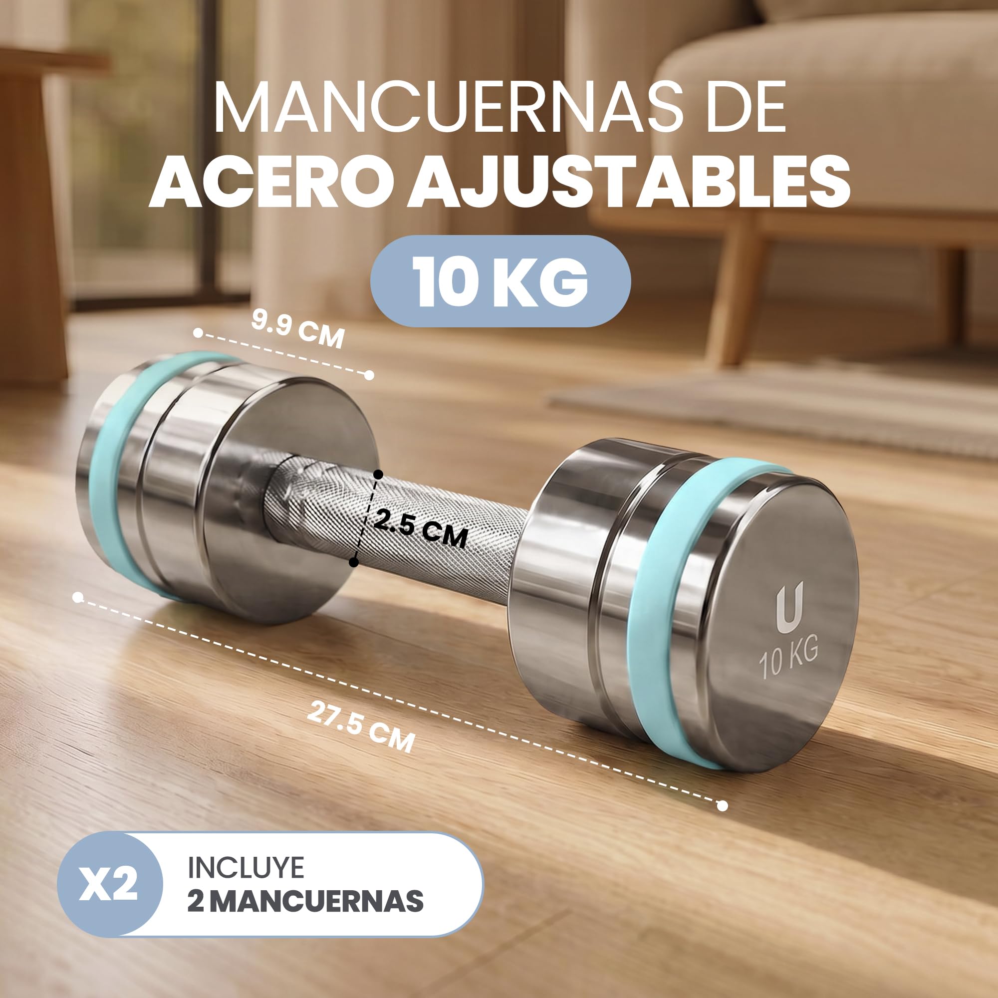 unycos - Mancuerna Ajustable de Acero【2,5-25 kg】Pesa Ergonómica con Barra y Discos para Gimnasio en Casa, Pilates y Fitness, Entrenamiento Integral (Titan Transformer)