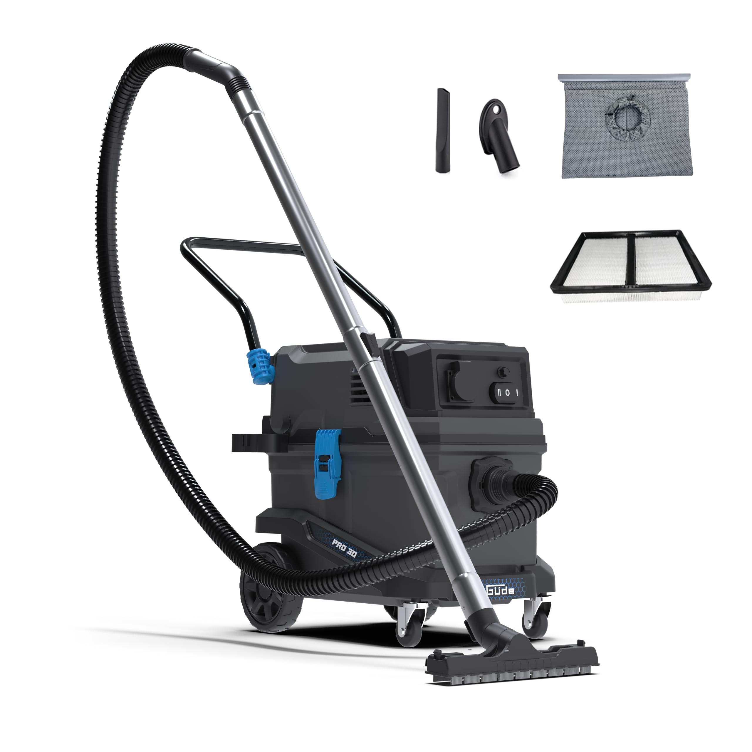 Güde Pro 30 Aspirador Agua y Polvo - 230V, 1800W, Depresión 23kg, 30 litros, Clase de Polvo L, AGW más de 1 miligramo por Metro cúbico, con Manguera de succión, Tubo telescópico en