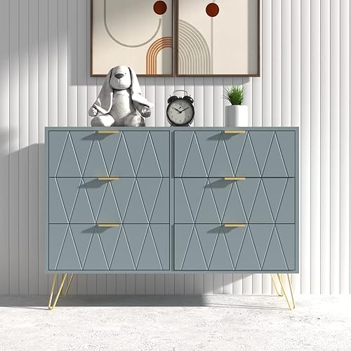 Anbuy Cómoda azul de 6 cajones para dormitorio, cómoda doble grande con cajones anchos y asas doradas, cómoda moderna