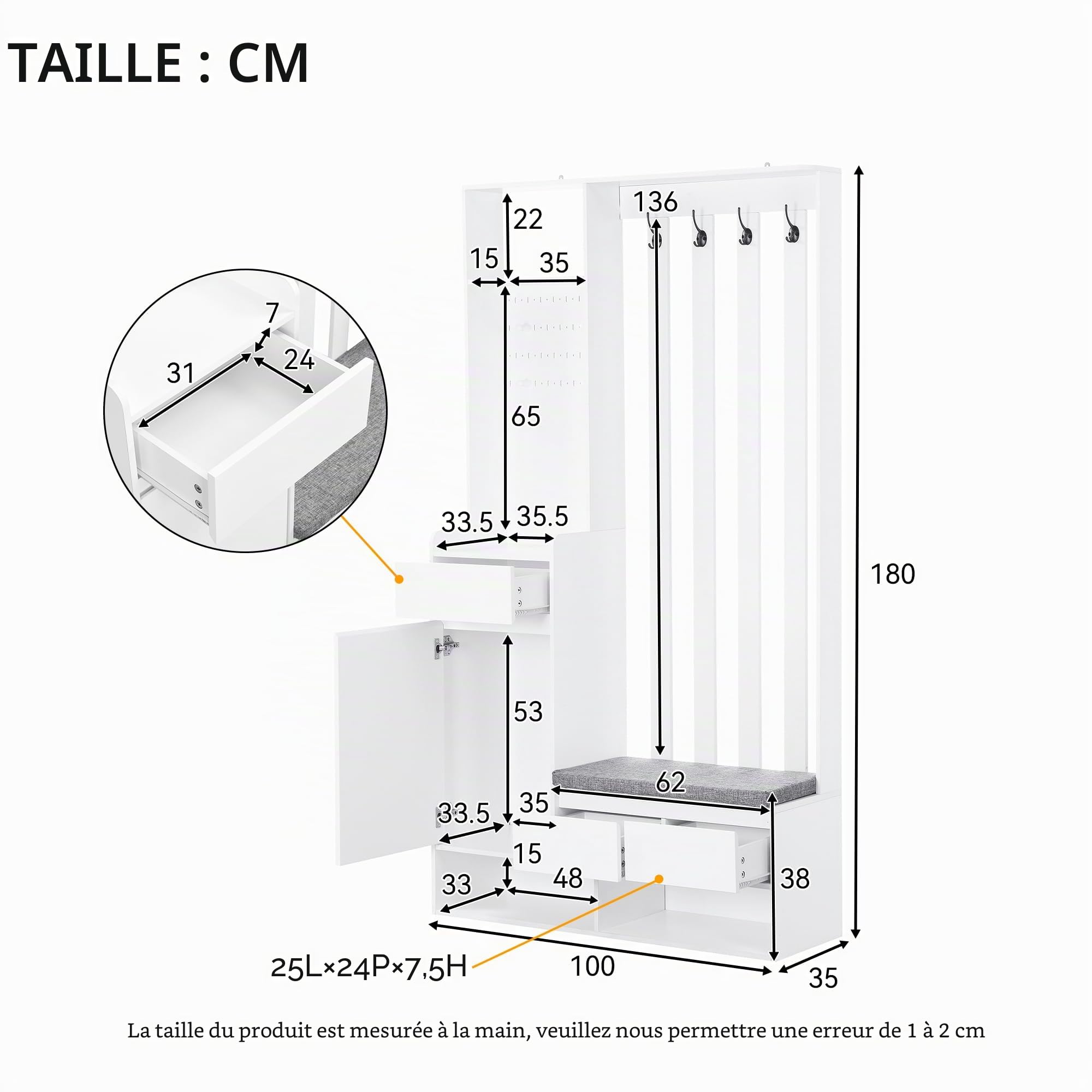 ModernLuxe Porte-Manteau Mural - Ensemble de Garde-Robe - Meuble de Couloir combiné - Armoire à Chaussures - Meuble de Couloir combiné - Armoire à Chaussures - Armoire à Chaussures - Tiroir - H 180 x