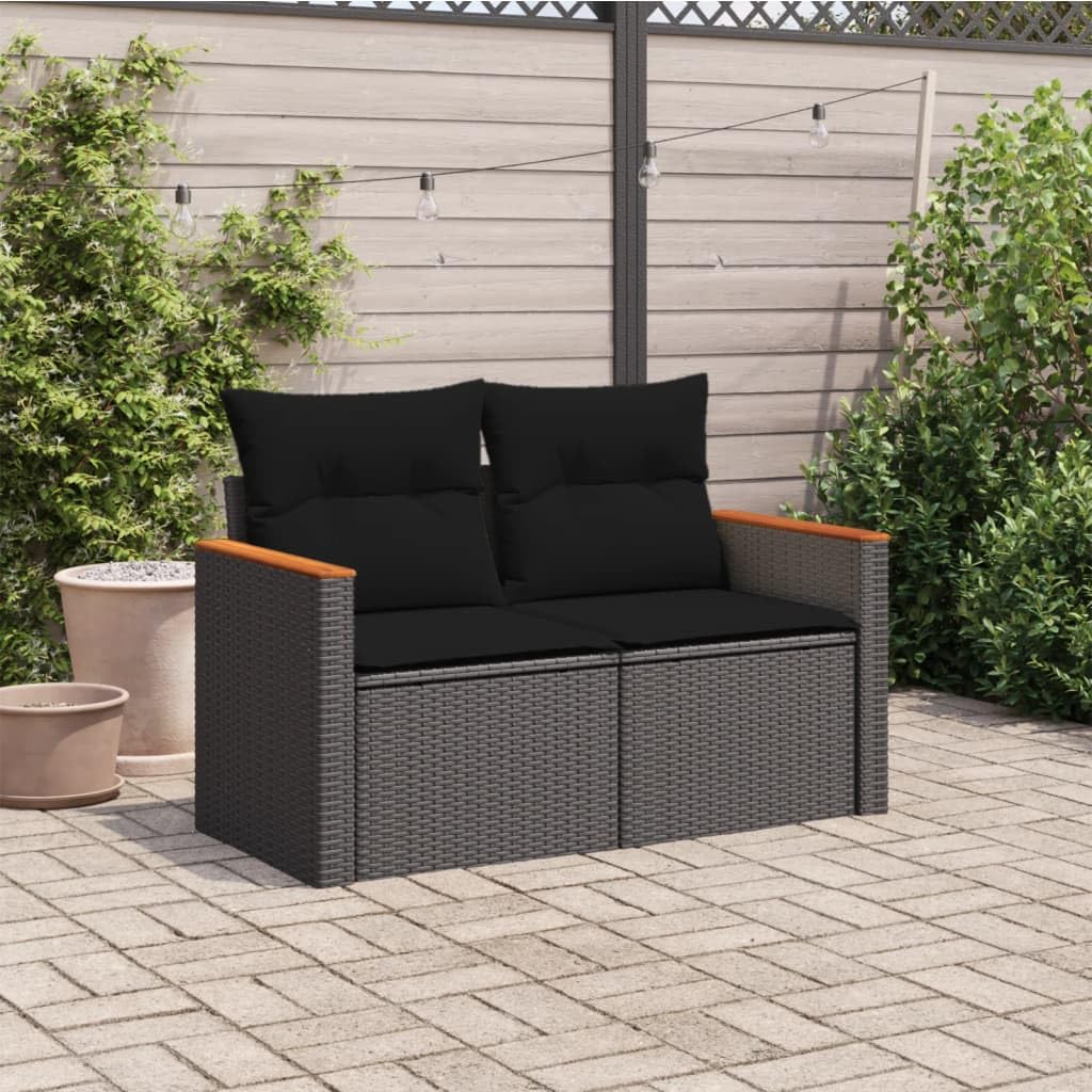 Myheimly Gartensofa mit Kissen 2-Sitzer Schwarz Poly Rattan Schwarz mit Stauraum 3041954de
