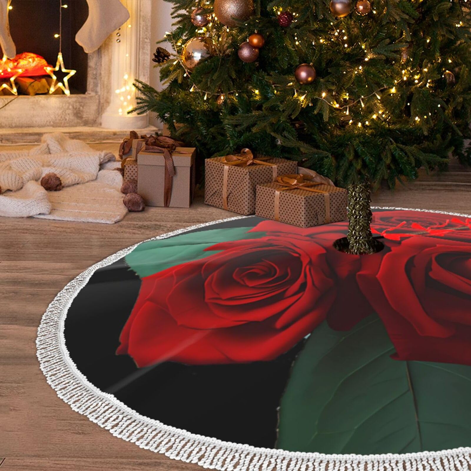 Jupe de sapin de Noël avec pompon tapis rustique imperméable rose gothique pour décoration
