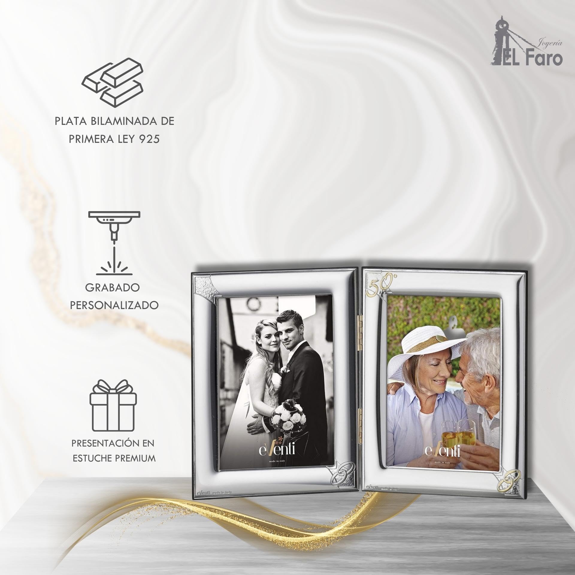 JOYERIA EL FARO | Marco fotos doble 50 aniversario | Regalos de boda 50 aniversario | Grabado personalizado | Presentación en estuche premium | Celebra 50 años de amor juntos (13 x 18 cm)