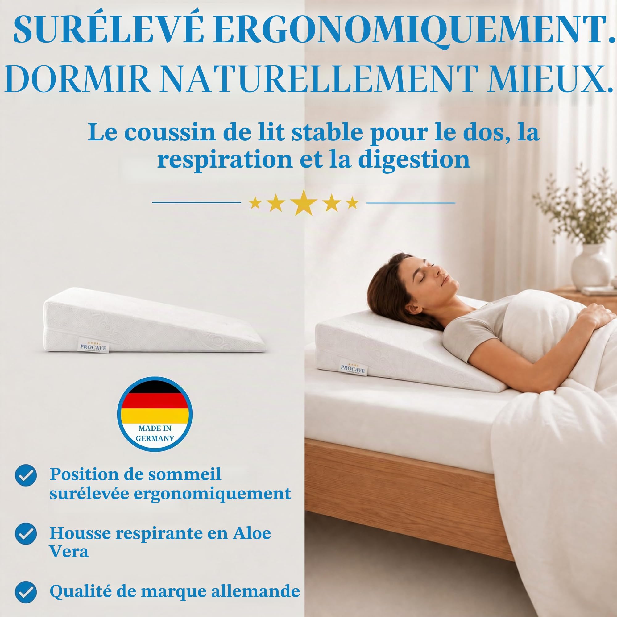 PROCAVE Cale de lit | Coussin en Mousse en Forme de cale | Réhausseur de Matelas Respirant | Fabriqué en Allemagne | Housse Double en Tissu Aloevera | 140 cm x 45 cm x 15/1 cm