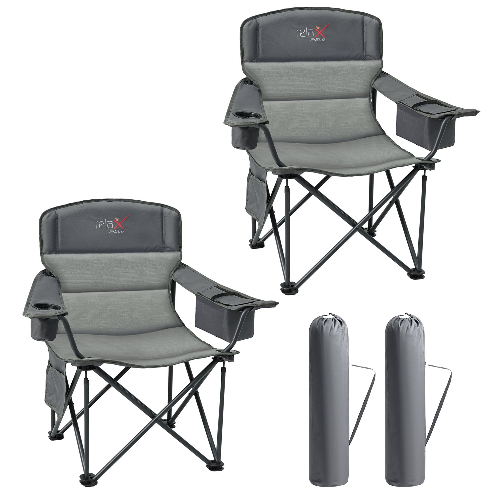 RELAX FIELD Campingstuhl Faltbar 200KG 2er Set mit Getränkehalter und Kühltasche, Klappstuhl Camping, Anglerstuhl Klappbar mit Hohe Rückenlehne, Grau