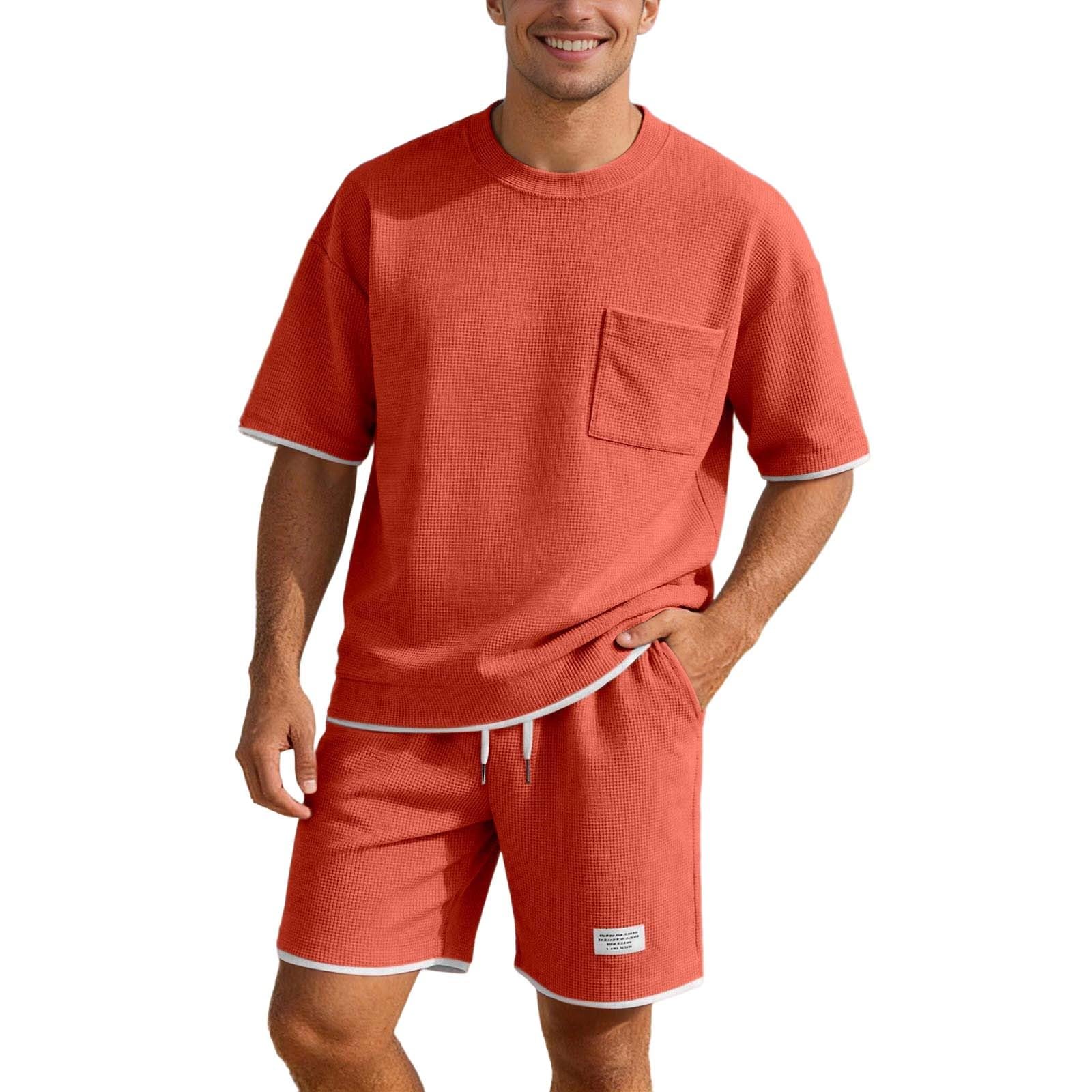 Waffle Sommer Outfit Herren 2 Teiler Herren Sommer Outfit Zweiteiler Kurz Trainingsanzug Shorts und Tshirt Set Sportanzug Jogginganzug Kurz Zweiteiler Freizeitanzug Sport Kleidung S-4XL