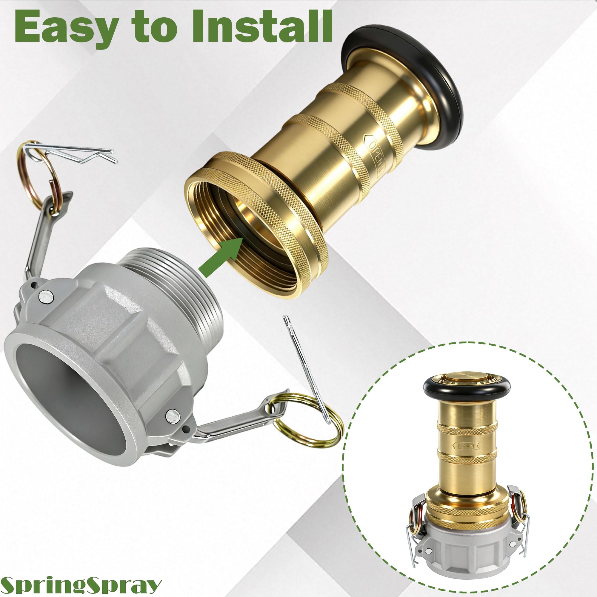 Acoplamiento de aluminio Camlock de 2 pulgadas NPSH con boquilla de manguera de fuego de latón 2 pulgadas Equipo de fuego Flujo constante Heavy Duty Industrial Boquilla de niebla