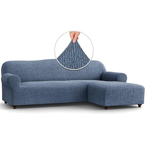 PAULATO BY GA.I.CO. Sectional Couch Cover - Chaise L-Shape Sofa Slipcover - Washable Corner Couch Covers - 1-Piece Form Fit Stretch Cover - Mille Righe - Blue (Right-Facing Chaise)